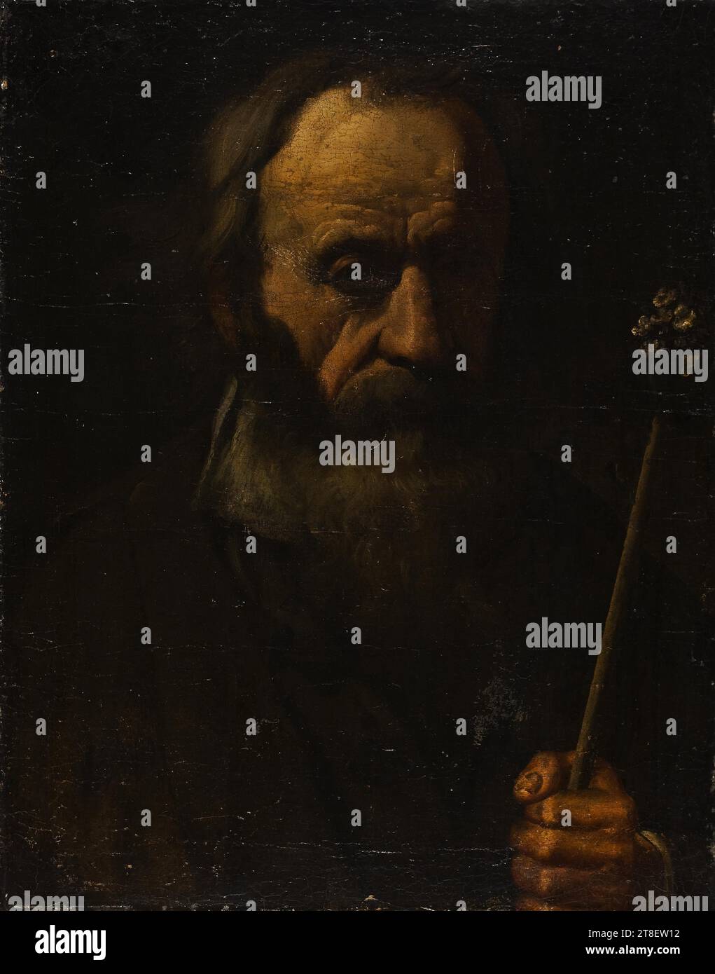 Saint Joseph with the Flowering Rod, 1600s, Pittura, Pittura storica, tessile, tela, colore, vernice a olio, verniciata, altezza 62,8 cm, larghezza 48,4 cm, Pittura, europea, rinascimentale (1300 - 1690 Foto Stock