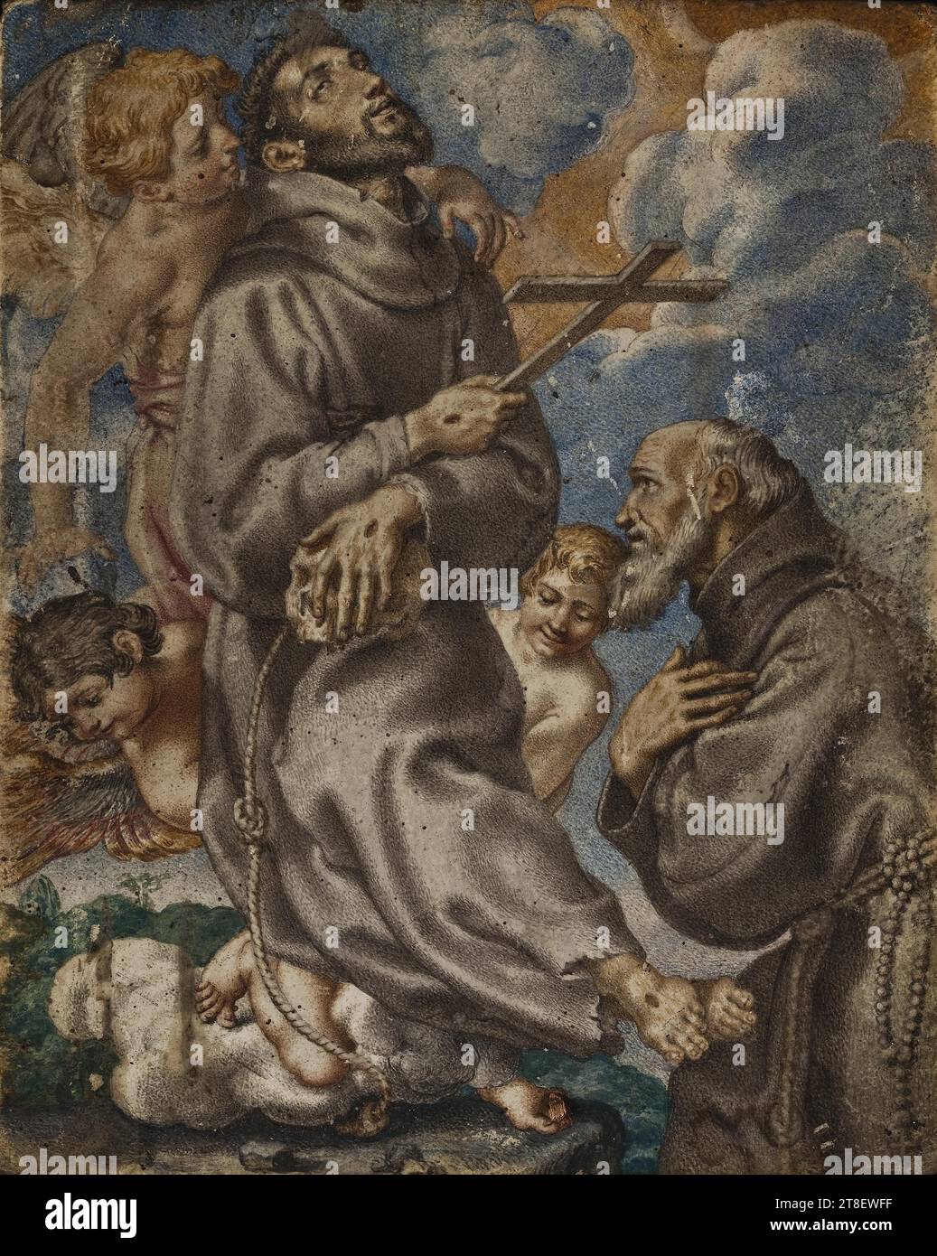 St Francis in Ecstasy, anni '1600, pittura, pittura storica, pelle, pelle, colore, vernice a olio, verniciata, altezza 19,6 cm, larghezza 15,7 cm, Pittura, europea, rinascimentale (1300 - 1690 Foto Stock