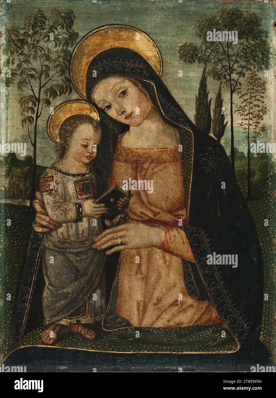 La Vergine con bambino, anni '1500, pittura, pittura storica, legno, colore, vernice a olio, verniciata, altezza 36,6 cm, larghezza 27,5 cm, pittura, europea, rinascimentale (1300 - 1690 Foto Stock