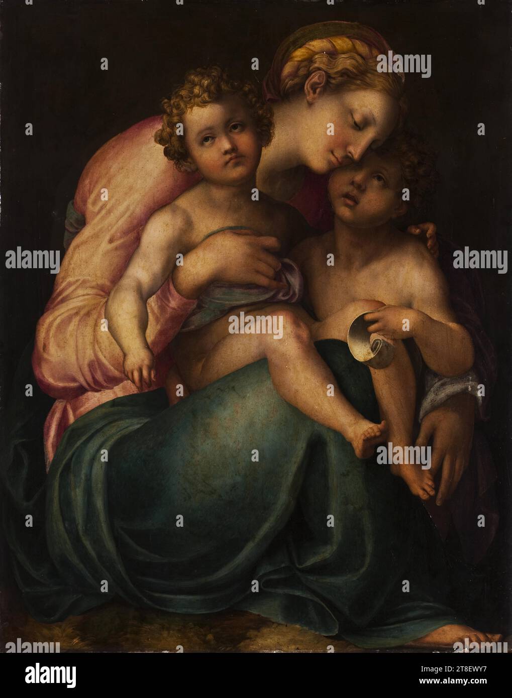 La Vergine e il bambino con Giovanni, non più tardi del 1800, pittura, pittura storica, legno, colore, vernice a olio, verniciata, altezza 109,9 cm, larghezza 86,3 cm, verniciatura, europeo, Illuminismo (1690 - 1800 Foto Stock