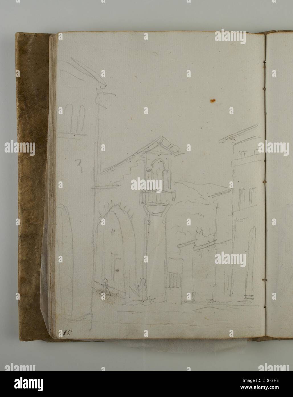 Veduta di una città, Bertel Thorvaldsen, 1770-1844, Libro, Sketchbook, pagina del libro di schizzo, disegno, carta, colore, grafite, disegnato, altezza 131 mm, larghezza 190 mm, lavorazione, disegno, europea, modernità (1800 - 1914 Foto Stock