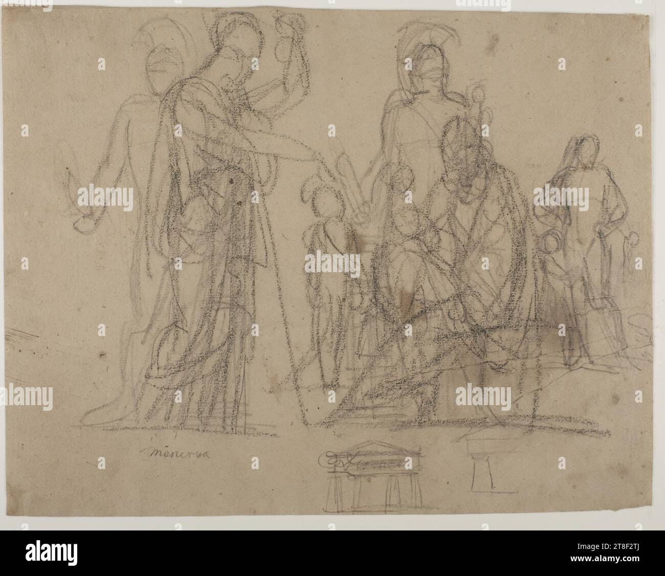 Minerva aggiunge un'anima all'essere umano creato da Prometheus. Diomede con il Palladium. Fronte del tempio, Bertel Thorvaldsen, 1770-1844, ca. 1806, disegno, carta, colore, gesso, carbonmatita, colore, grafite, disegnata, altezza 219 mm, larghezza 279 mm, Minerva, lavorazione, disegno, Europa, modernità (1800 - 1914 Foto Stock