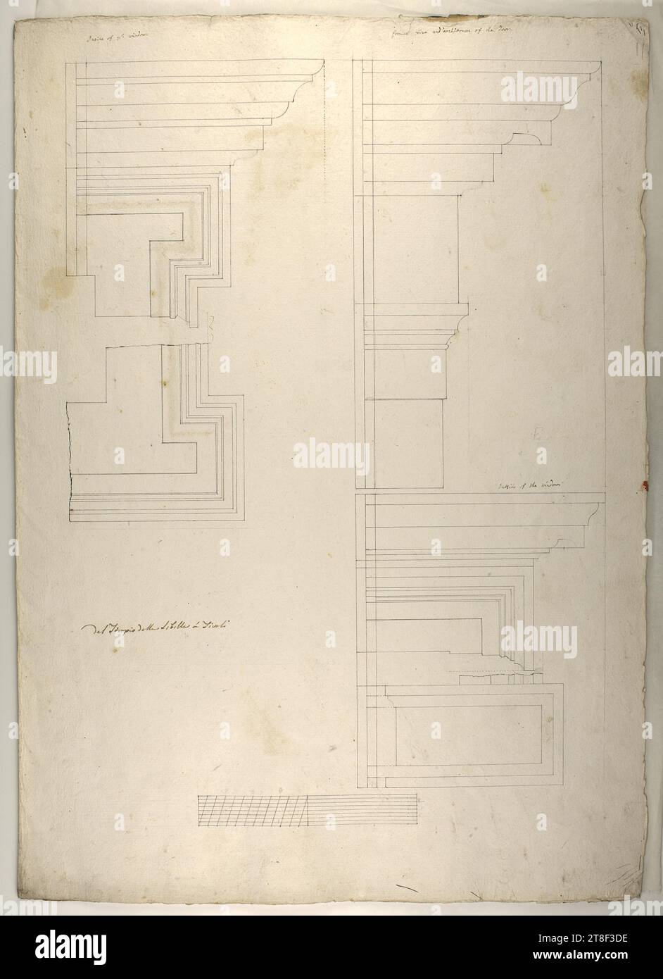 Tempio della sibilla à Tivoli (Tempio di Vesta a Tivoli, Ground Plan and Profiles), John Foster den yngre, ca. 1787-1846, disegno, carta, colore, inchiostro, colore, grafite, disegnato, altezza 560 mm, larghezza 400 mm, all'interno del [?] Finestra, cornice Frize e architrave della porta, fuori dalla finestra, [Talangivelser], Artigianato, disegno, europeo Foto Stock