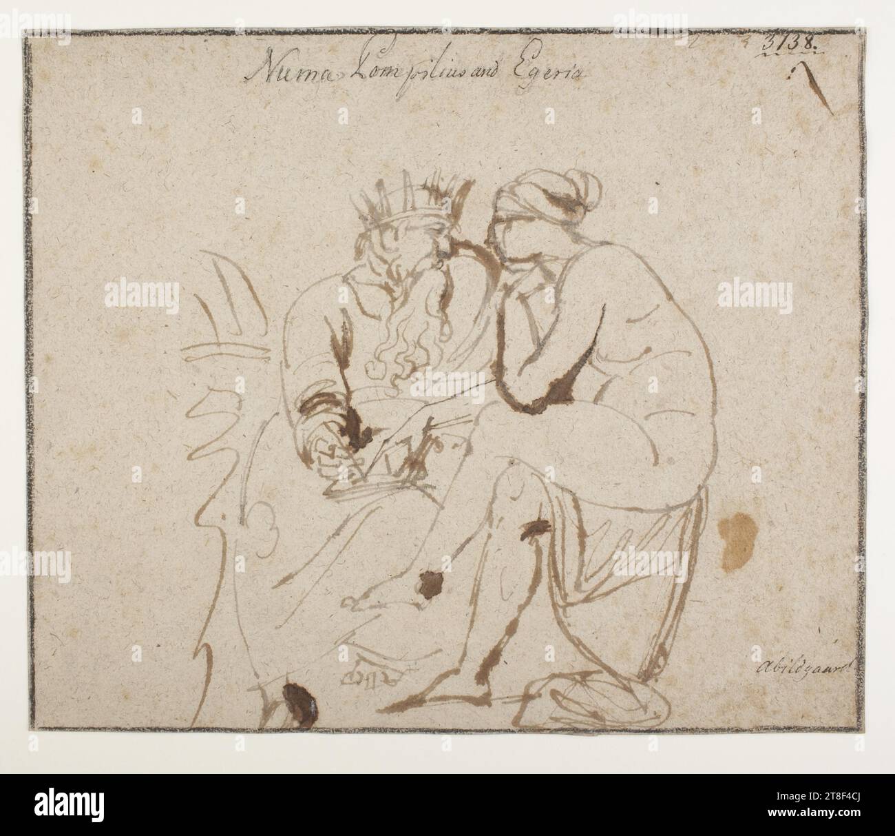 NUMA ed Egeria, Nicolai Abildgaard, 1743-1809, Drawing, Paper, colore, inchiostro, colore, gesso, matita, disegnato, altezza 191 mm, larghezza 228 mm, Numa Ponpilius ed Egeria., Artigianato, disegno, europeo, illuminazione (1690 - 1800 Foto Stock
