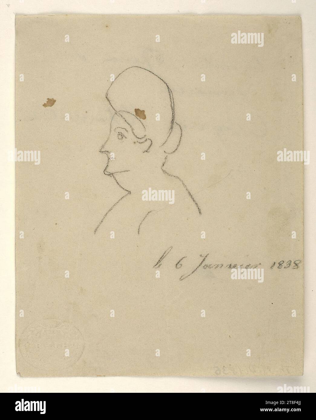 Caricatura dei principi Charlotte Frederikke af Mecklenburg Schwerin, 6 gennaio 1838, Drawing, Paper, colore, grafite, disegnato, altezza 123 mm, larghezza 93 mm, le 6 gennaio 1838, Artigianato, disegno, europeo, modernità (1800 - 1914 Foto Stock