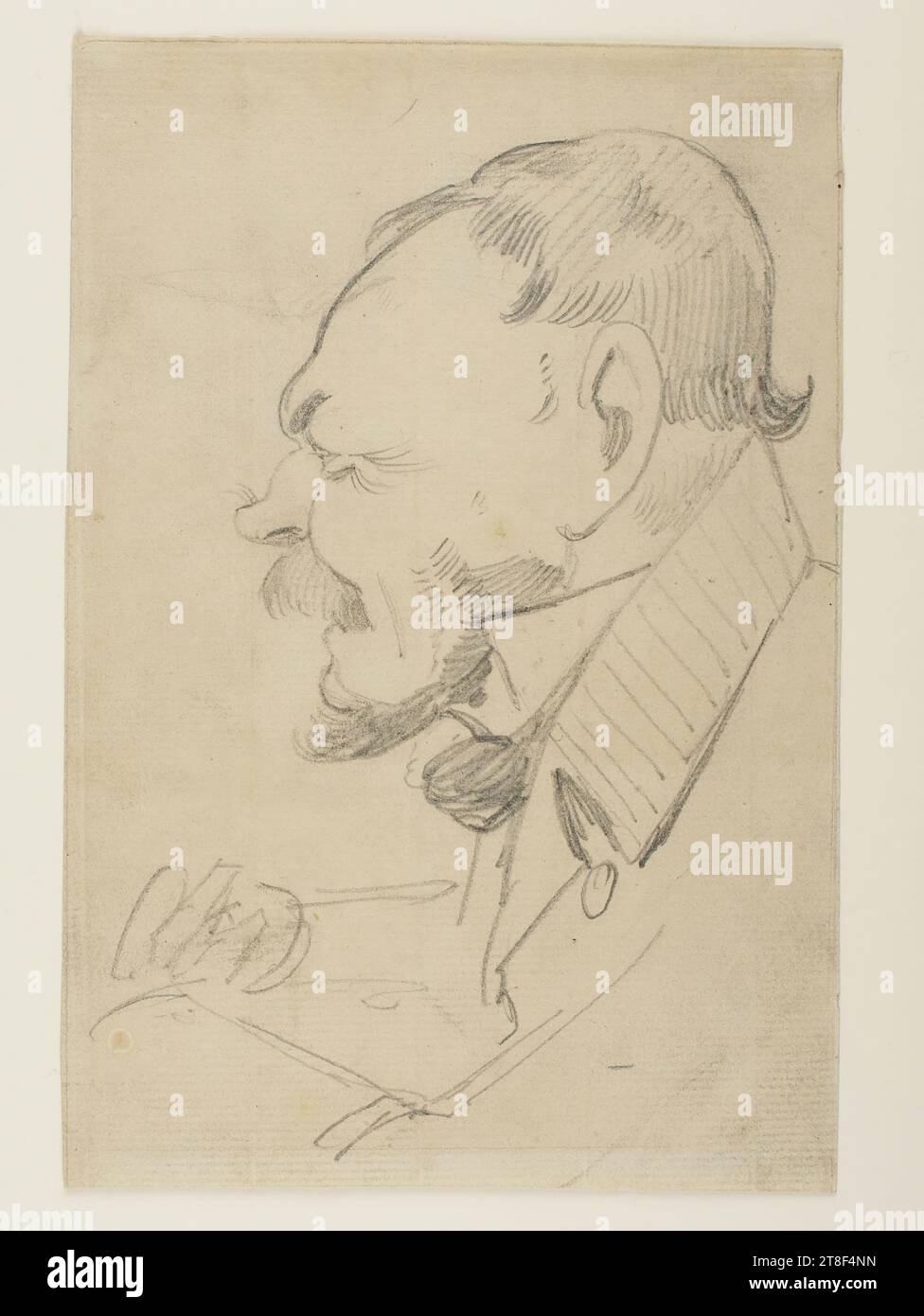 Caricatura di Gottlieb Bindesbøll, Wilhelm Marstrand, disegno, carta, colore, grafite, disegnata, altezza 161 mm, larghezza 108 mm, lavorazione disegno, europeo Foto Stock