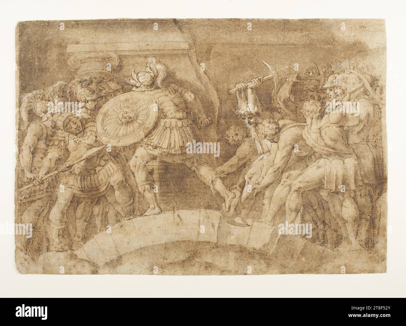 Horazio Cocles, Polidoro da Caravaggio, disegnando, la storia è una delle leggende relative alla storia dell'antica Roma. In questo disegno si vede Orazio Cocles che difende il ponte sul Tevere contro gli aggressori etruschi. La leggenda narra che tutti fossero fuggiti e che Orazio Cocles fosse stato lasciato a difendere Roma da solo. Secondo questa leggenda, riuscì a difendere il ponte finché i Romani non riuscirono a demolirlo Foto Stock