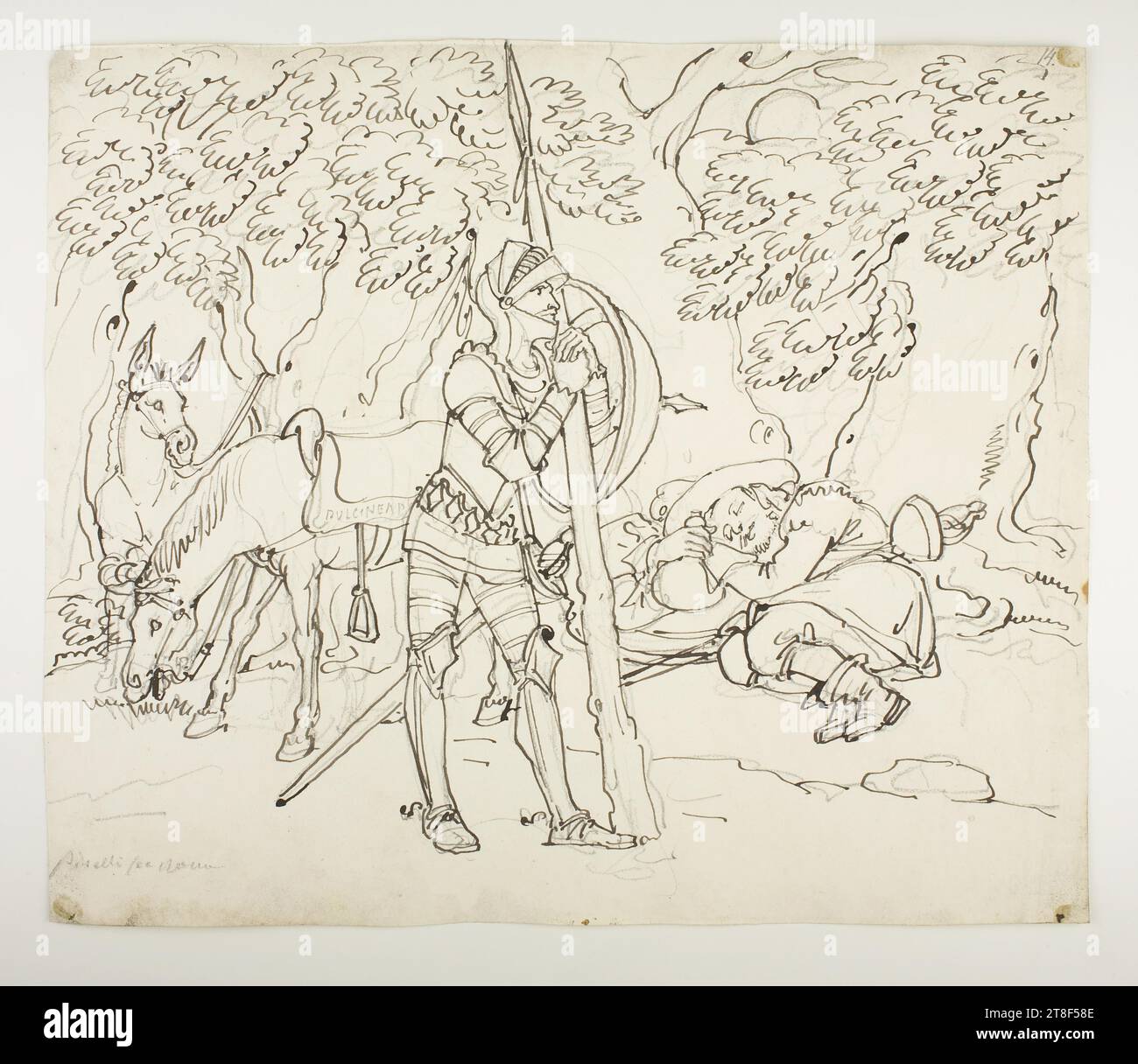 Don Chisciotte e Sancho Panza dell'albero di Quercia, Bartolomeo Pinelli, 1781-1835, 1833 - 1834, disegno, carta, colore, inchiostro, colore, grafite, disegnato, altezza 271 mm, larghezza 323 mm, Pinelli fec Rom, lavorazione artigianale, disegno, europeo, modernità (1800 - 1914 Foto Stock