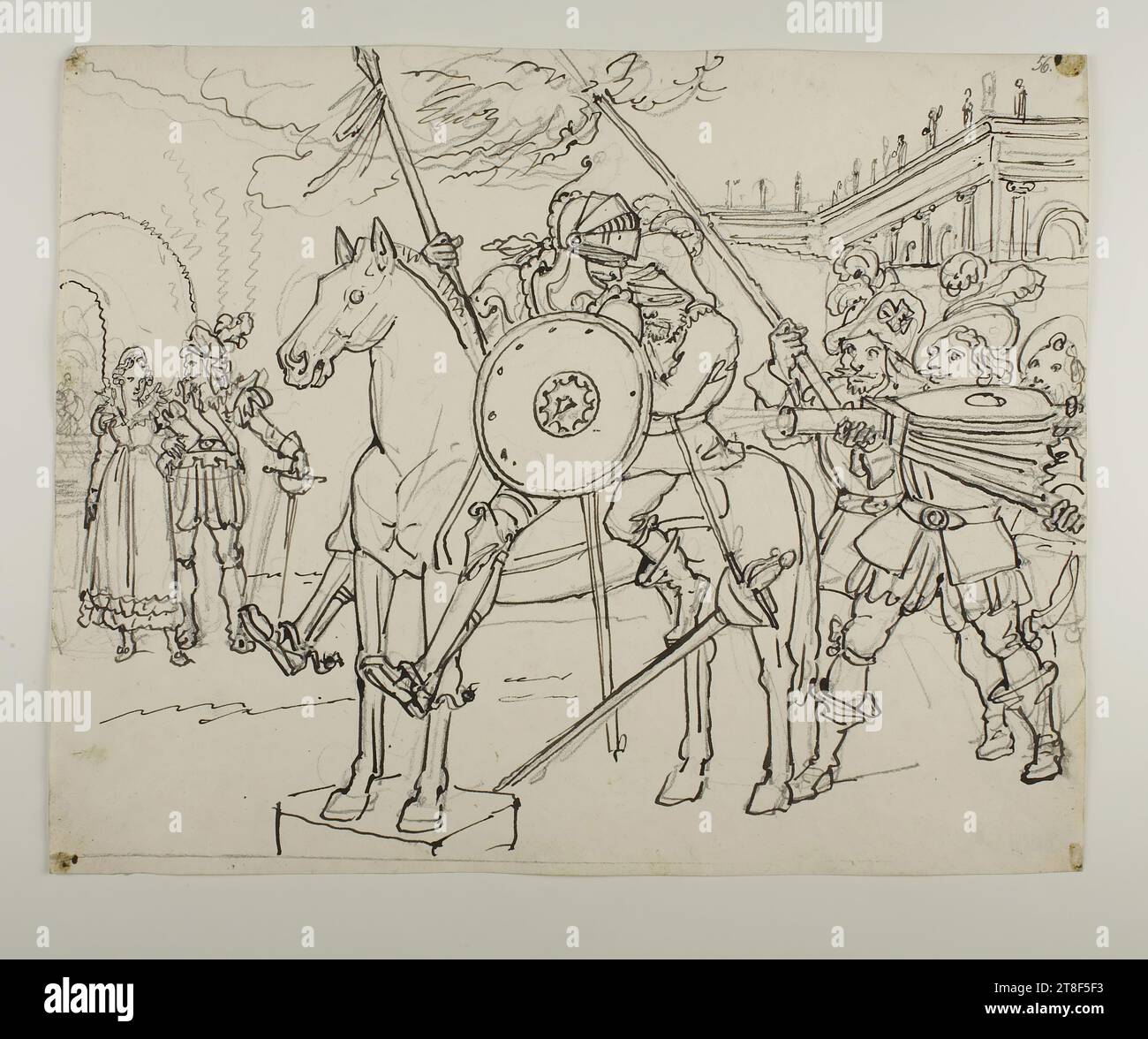 Don Chisciotte e Sancho Panza seduti per un giro sul cavallo di legno Clavleño il Swift, Bartolomeo Pinelli, 1781-1835, 1833 - 1834, disegno, carta, colore, inchiostro, colore, grafite, disegnato, altezza 258 mm, larghezza 324 mm, lavorazione, disegno, europea, modernità (1800 - 1914 Foto Stock