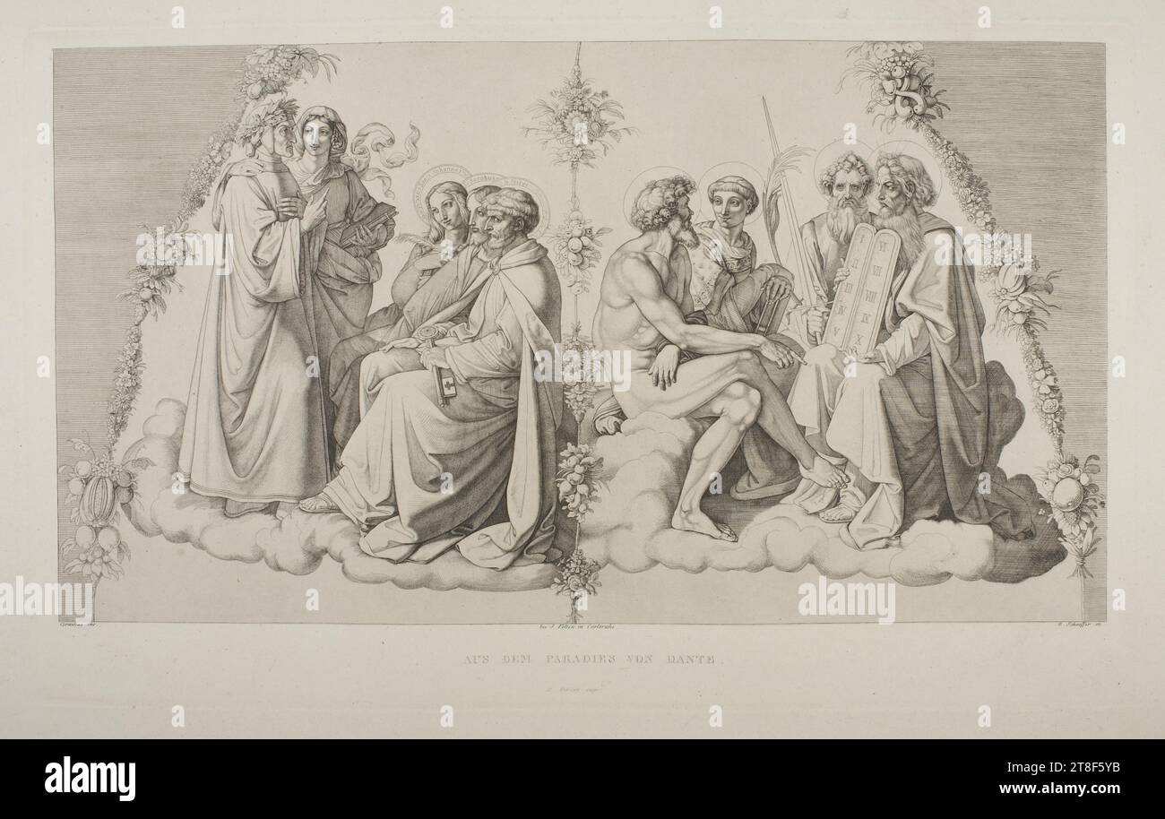 Dante e Beatrice in Paradiso in piedi di fronte a Pietro, Giacomo e Giovanni e Adamo, Santo Stefano, Paolo e Mosè, Eugen Eduard Schäffer, non più tardi del 1871, Arte grafica, incisione in rame, gli apostoli Pietro, Giacobbe, e Giovanni esaminò Dante sulla natura delle tre virtù teologiche: fede, speranza e carità. Beatrice rappresenta l'amore spirituale e religioso., carta, colore, inchiostro di stampante, incisione in rame, Printet, altezza (dimensione piastra) 280 mm, altezza (formato carta) 360 mm, larghezza (dimensione piastra) 450 mm, larghezza (formato carta) 532 mm, Cornelius inv., bei Velten in Carlsruhe., E. Schäffer sc. Foto Stock