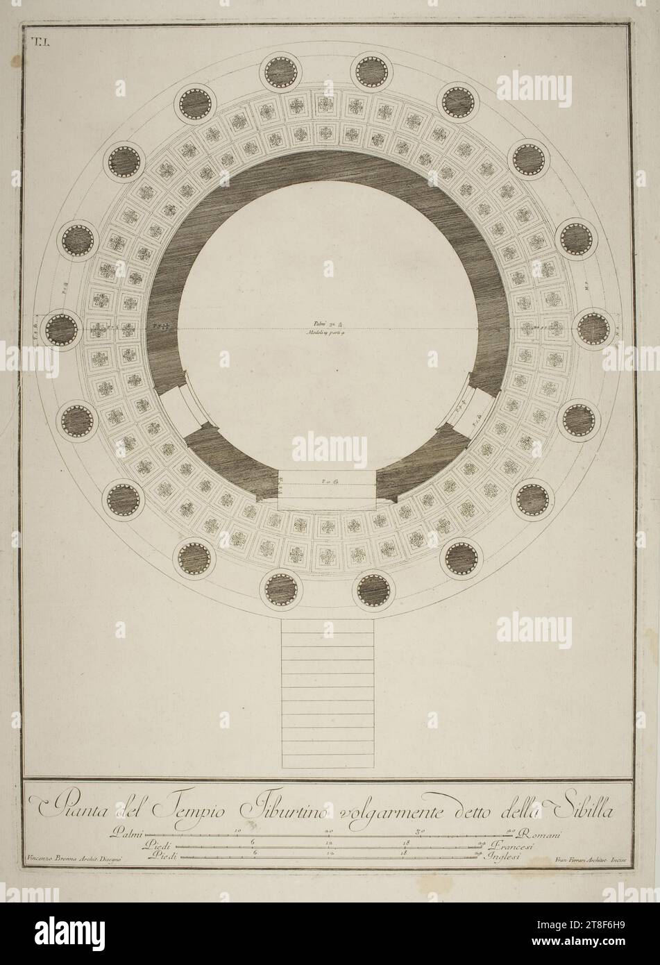 Pianta del Tempio Fiburtino volgarmente detto della Sibilla (Tempio di Vesta a Tivoli, Ground Plan), Francesco Bernardino Ferrari, entro il 12 agosto 1821, Graphic Art, Etching, Paper, colore, inchiostro stampante, incisione, Printet, altezza (dimensione piastra) 525 mm, altezza (formato carta) 565 mm, larghezza (dimensione piastra) 380 mm, larghezza (formato carta) 380 mm, pianta del Tempio Fiburtino volgarmente detto della Sibilla, Palmi [målestok] Romani, piedi [målestok] Erancesi, piedi [målestok] inglesi, Vicenzo Brenna Archit. Disegno, Fran. Ferrari Archit. Incise, Graphic Design Foto Stock