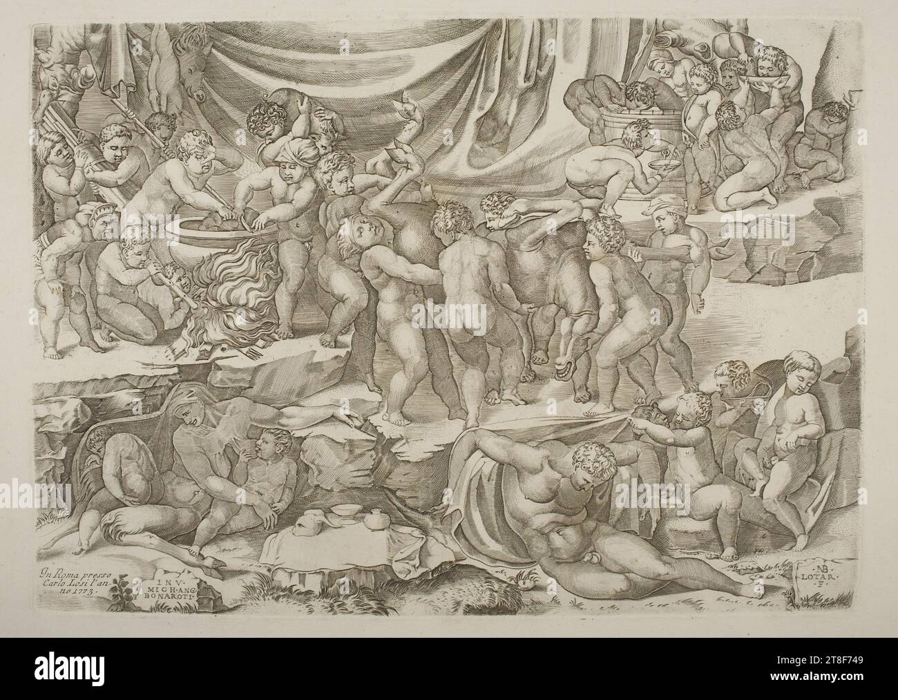 Children's Bacchanalia, Nicolaus Beatrizet, 1773, Graphic Art, Copper Engraving, carta, colore, inchiostro per stampante, incisione in rame, stampante, altezza (dimensione piastra) 285 mm, altezza (formato carta) 445 mm, larghezza (formato piastra) 400 mm, larghezza (formato carta) 585 mm, 40, in Roma presso, Carlo Losi l'an-, no 1773, FATT. MICH.ANG., BONAROTT, NB, LOTAR, F., Graphic Design, European, Enlightenment (1690 - 1800 Foto Stock