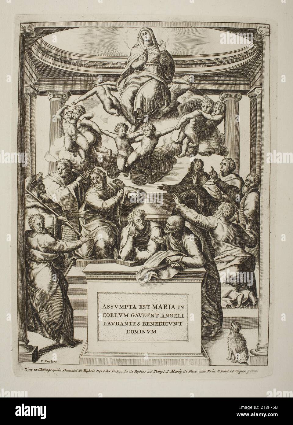 L'assunzione di Maria, Federico Zuccaro, non più tardi del 1609, Arte grafica, incisione di rame, dopo la morte di Tiziano (1488-1576), Federico Zuccaro fu forse l'artista più conosciuto in Europa, anche se oggi è quasi dimenticato. Divenne famoso non solo per la sua abilità artistica, ma anche perché si vendicò ripetutamente dei suoi nemici dipingendo caricature facilmente riconoscibili. Dopo gravi critiche a uno di questi, il Papa esiliò Zuccaro da Roma nel 1583, anche se fu successivamente richiamato., Paper, Color, Printer's ink, Copper Engraving, Printet Foto Stock