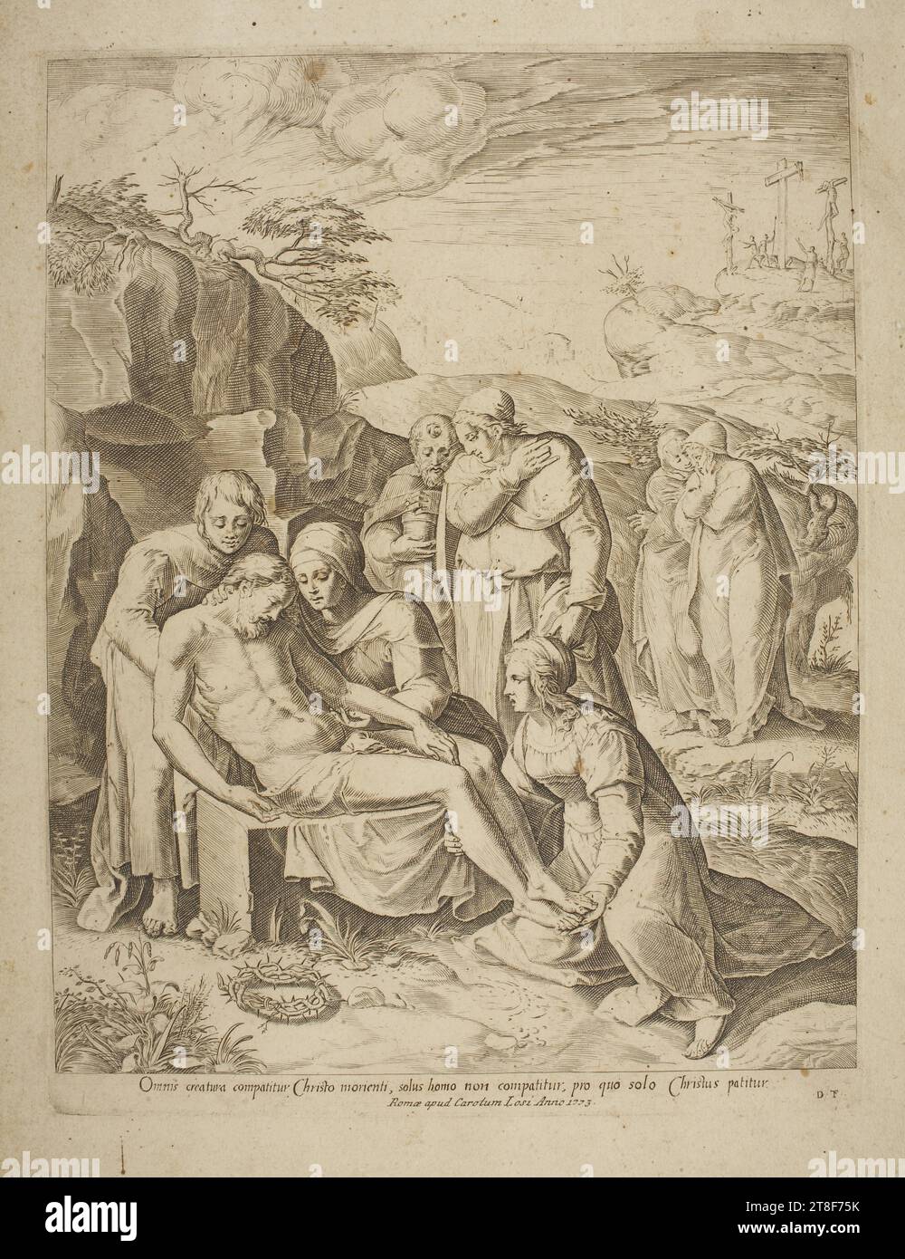 The Entombment, 1773, grafica, incisione, carta, colore, inchiostro stampante, incisione, Printet, altezza (dimensioni piastra) 345 mm, altezza (formato carta) 445 mm, larghezza (formato piastra) 260 mm, larghezza (formato carta) 335 mm, Omnis creatura compatitur Christo morienti, solus homo non compatitur, pro quo solo Christus patitur, Romæ apud Crolum Losi anno 1773, D.T., progettazione grafica, europea, stampante, Carlo Losi Foto Stock