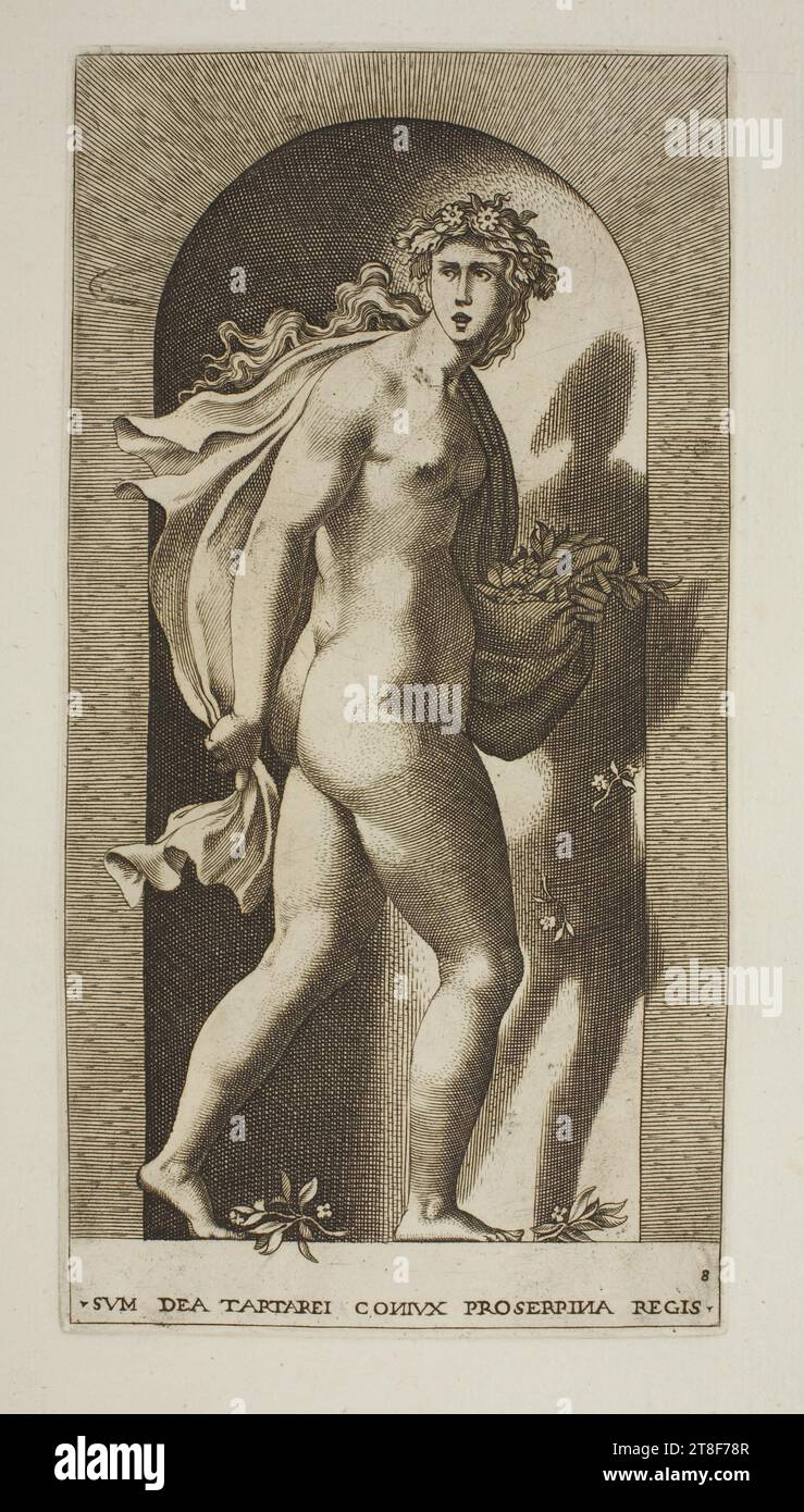 Proserpine, Giovanni Jacopo Caraglio, 1526, grafica, incisione in rame, Proserpina era la figlia della dea del raccolto, Cerere. E' diventata la dea degli Inferi. Nel racconto fornito dal poeta greco Ovidio (43 a.C. – 18 d.C.) in Metamorfosi, Prosperina uscì a raccogliere ciclamini e gigli bianchi di neve per il suo cesto e la sua camicetta in un lussureggiante prato dell'antica città di Enna. La città era situata dove oggi sorge Castrogiovanni, nel mezzo della Sicilia, su un altopiano, a 900 metri sul livello del mare. Lì Foto Stock