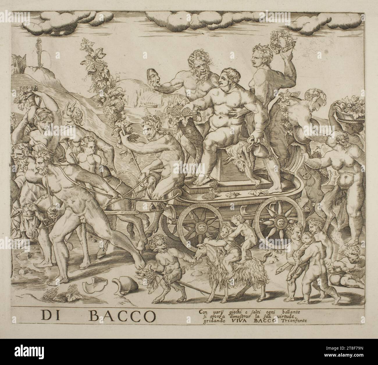 Trionfo di Bacco, Martino Rota, 1594, Arte grafica, incisione di rame, carta, colore, inchiostro per stampante, incisione in rame, stampante, altezza (dimensione piastra) 320 mm, altezza (formato carta) 420 mm, larghezza (formato piastra) 360 mm, larghezza (formato carta) 495 mm, DI BACCO, con varij giochi e salti ogni ballante, si forza dimostrar la sua vitude, gridando viva BACCO Trionfante, Graphic Design, European, Renaissance (1300 - 1690 Foto Stock