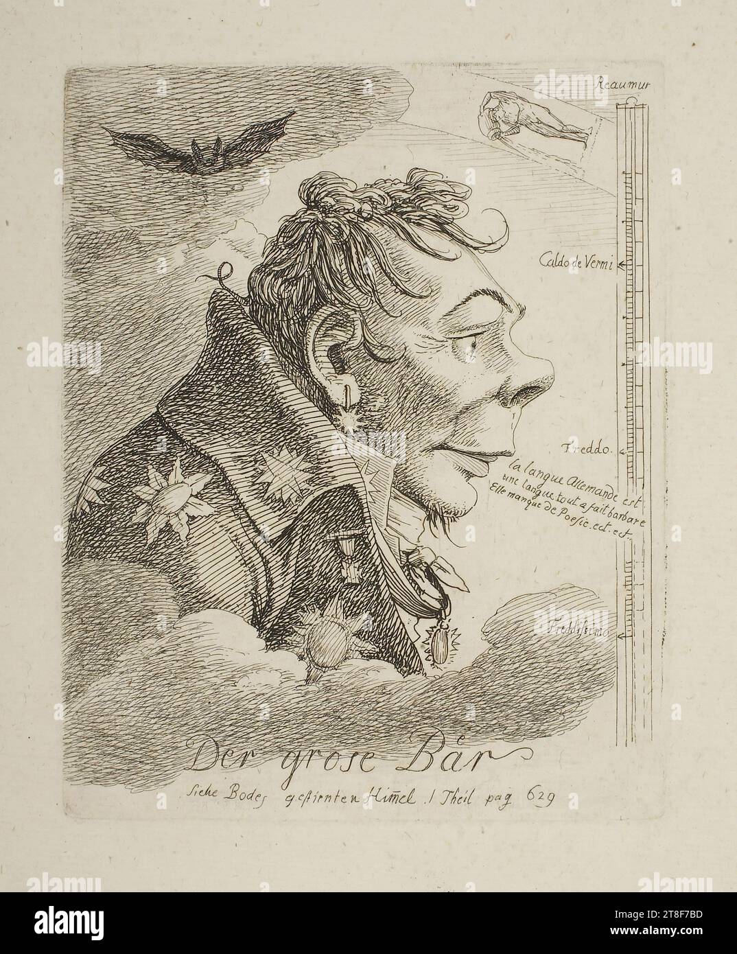 Der grose Baer', caricatura del conte russo Mattweff (forse il pittore Fyodor Matveyev), Johann Christian Reinhart, non più tardi del 1847, grafica, incisione in rame, carta, colore, inchiostro stampante, incisione rame, Printet, altezza (dimensione piastra) 135 mm, altezza (formato carta) 240 mm, larghezza (formato piastra) 105 mm, larghezza (formato carta) 160 mm, Reamur, Valdo de Vermi, freddo, la langue Allemande est, une langue tout a fait barbare, Elle manque de Poesie. Ecc., Fredissimo, Der grose Baer, Siehe Bodes gestirnten Himel. I Theil pag. 629, progettazione grafica Foto Stock