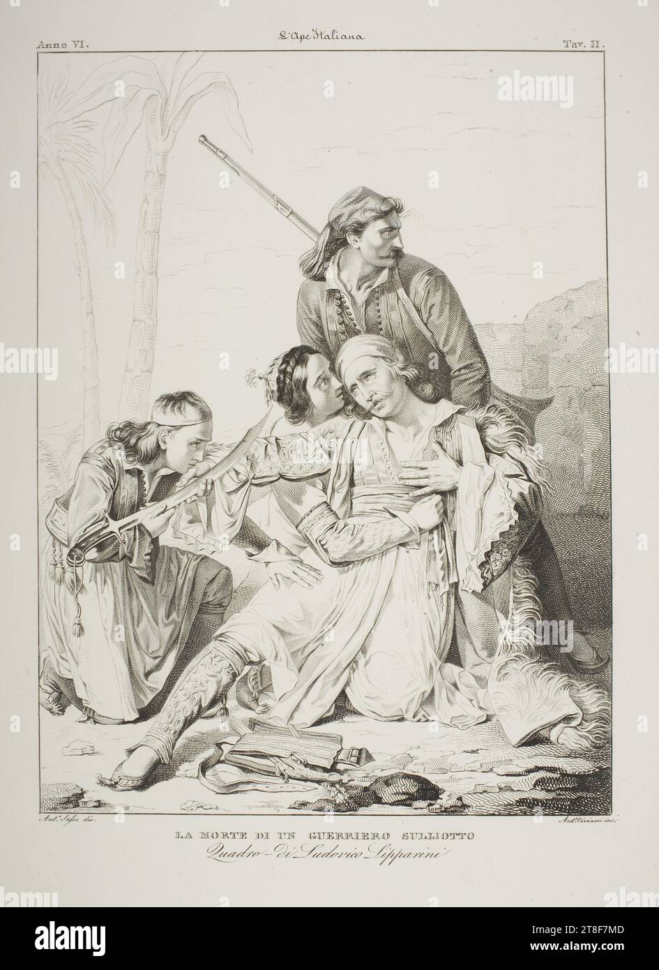 La morte di Guerriero Sulliotto, Antonio Viviani, non più tardi del 1854, Graphic Art, Lithograph, the Greek War of Independence, che fu combattuta dal 1821 al 32, fornì il motivo di molte opere di Lodovico Lipparini (1800-56). L'istituzione del Regno di Grecia fu finalmente raggiunta quando il sultano turco riconobbe l'indipendenza greca e Ottone di Baviera (1815-67) accettò il trono di Grecia nel 1832. Dal 1831 Foto Stock