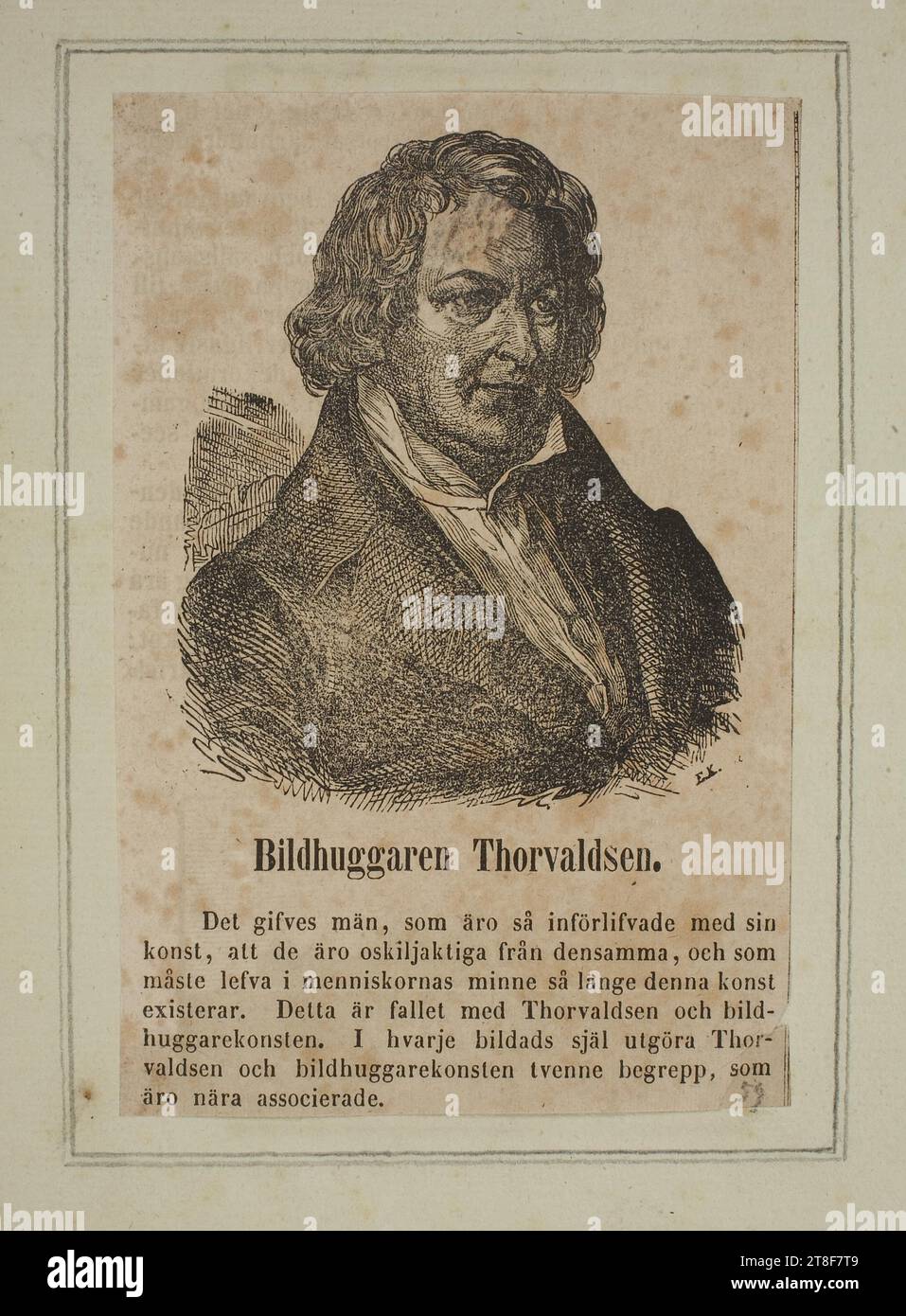 Ritratto di Thorvaldsen, non oltre il 1900, facsimile, Printet, altezza (formato carta) 120 mm, larghezza (formato carta) 80 mm, Bildhuggaren Thorvaldsen., Det gifves män, som äro så införlifvade med sin, konst, att de äro oskiljaktiga från densamma, och som, mästa lefva i menniskornas minne så länge denna konst, exixterar. Detta är fallet med Thorvaldsen och bild-, huggarekonsten. I hvarje bildads själ utgöra. Thor-, valdsen och bildhuggarkonsten tfu begrepp, som, äro näro associerade., Graphic Design, European Foto Stock