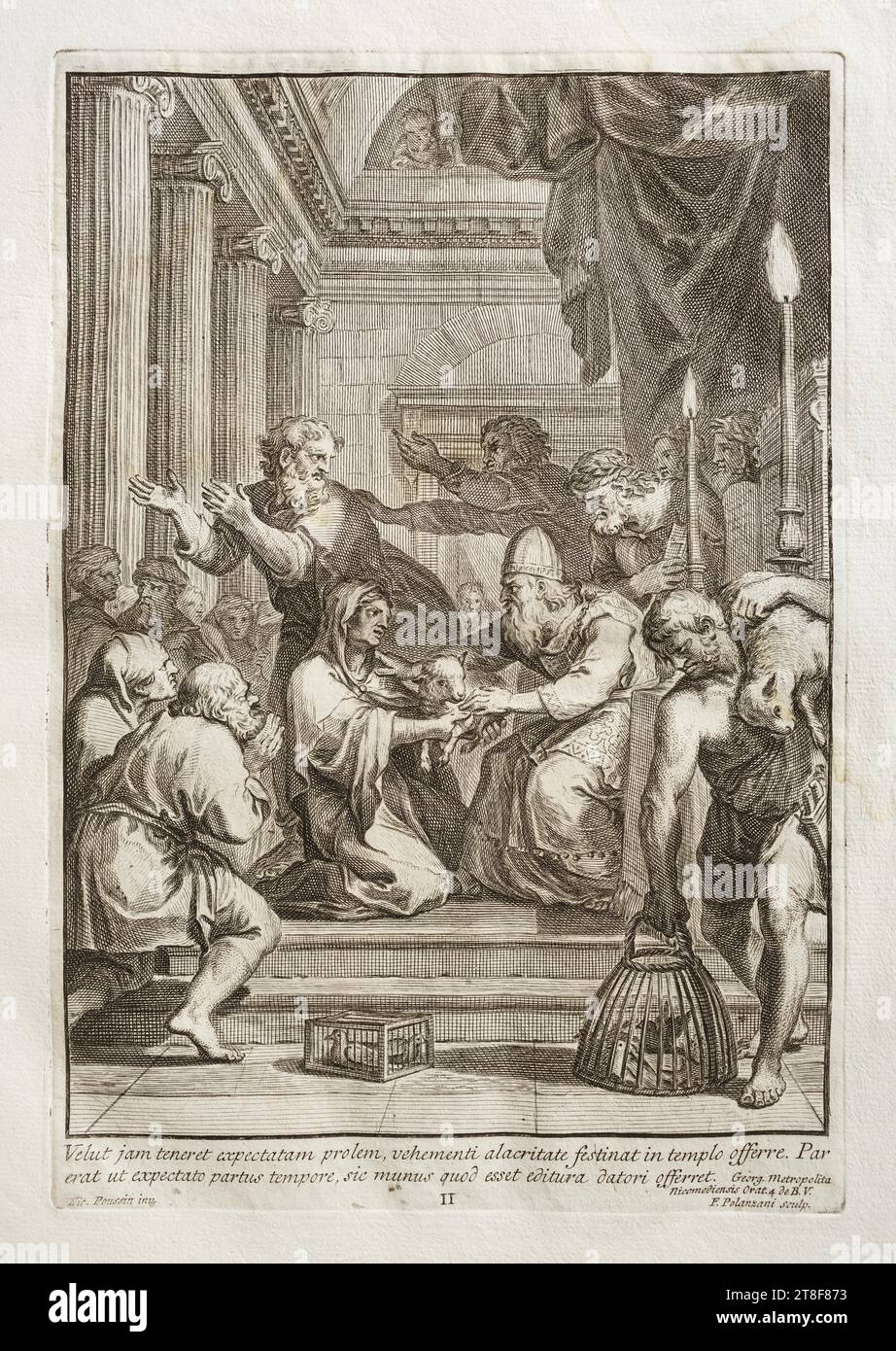 Anna nel Tempio, Francesco Polanzani, 1798, Arte grafica, incisione in rame, carta, colore, inchiostro per stampante, incisione in rame, stampante, altezza (dimensioni piastra?) 323 mm, larghezza (dimensioni piastra?) 222 mm, marmellata di velluto teneret expectatuam prolem, vehementi alacritate festinat a templo offerre. Par, erat ut expectato partus tempore, sic, munus quod esset editura datori offerret. Georg. Metropolita, Nicomediensis Orat. 4 de B.V., F. Polazani sculp., NIC. Poussin inv., II, Graphic Design, European, Enlightenment (1690 - 1800 Foto Stock