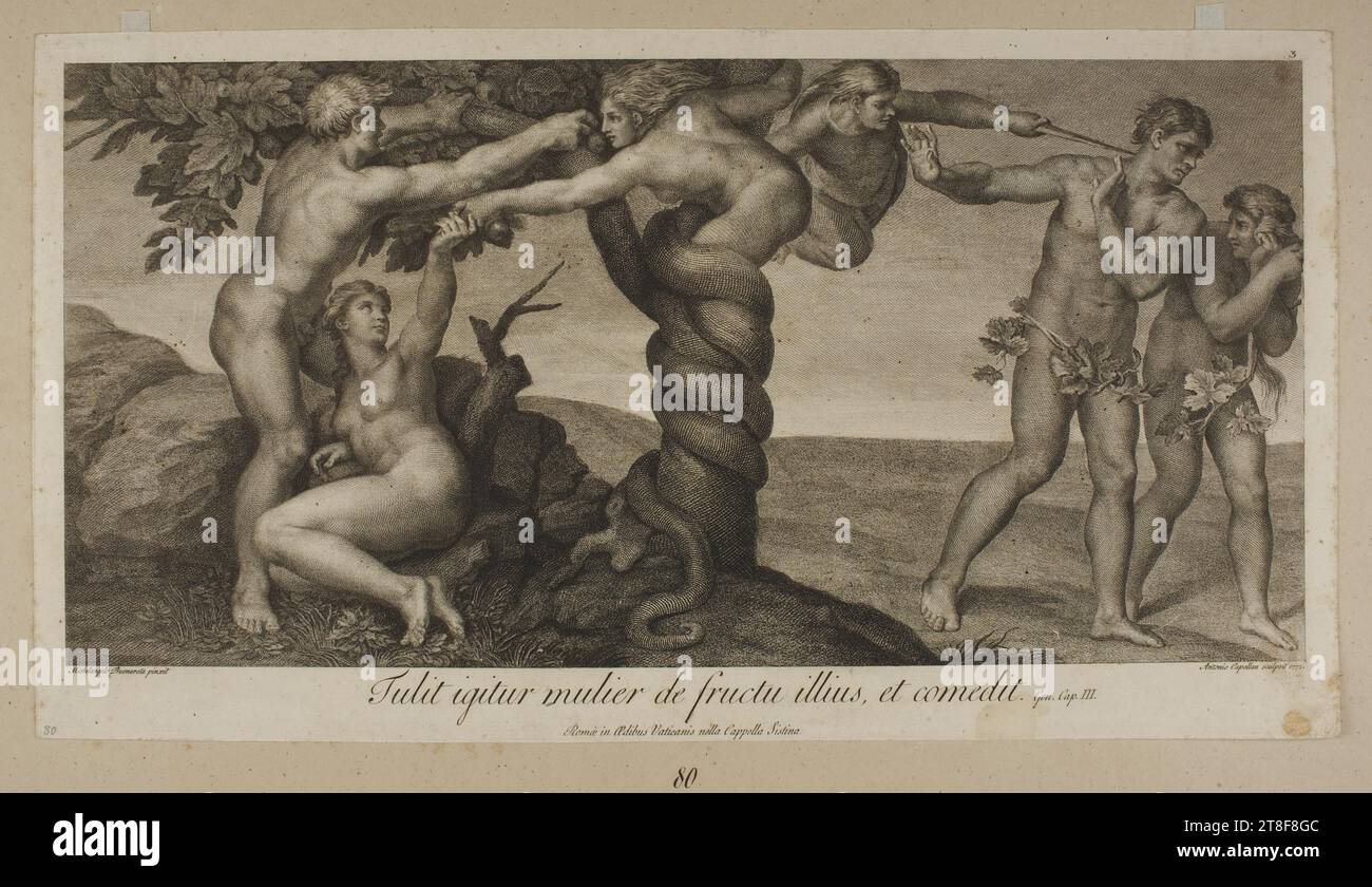 Il peccato originale e l'esilio di Adamo ed Eva dal Giardino dell'Eden, Antonio Capellan, 1772, Arte grafica, incisione in rame, carta, colore, inchiostro per stampante, incisione in rame, stampante, altezza (formato carta) 250 mm, larghezza (formato carta) 465 mm, Michelangelo Buonarota pinxit, Antonio Capellan sculsit 1772., Tulit igitur mulier de fructa illius et comedit. Gen. Cap. III., Romæ in aedibus Vaticanis nella Capella Sistina, 80, Graphic Design, European, Enlightenment (1690 - 1800 Foto Stock