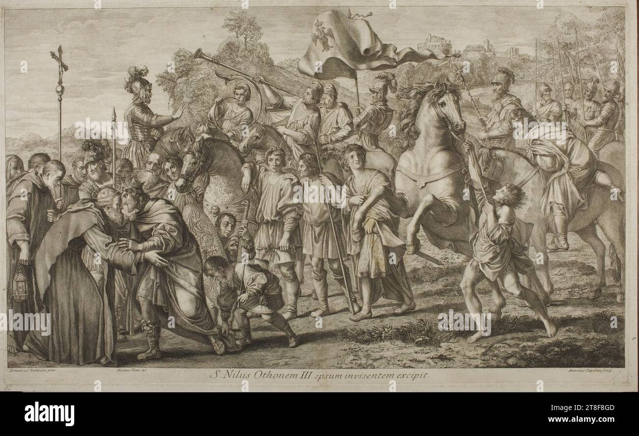 S. Nilus Othonem III, Antonio Capellan, 1756 - 1762, Graphic Art, Copper Engraving, carta, colore, inchiostro per stampante, incisione in rame, stampante, altezza (dimensione piastra) 440 mm, altezza (formato carta) 460 mm, larghezza (formato piastra) 720 mm, larghezza (formato carta) 740 mm, Dominicus Zampieri pinx., Nicolaus Vanni del., Antonio Capellan sculp., S. Nilus Othenem III ipsum invisentem excipit., Graphic Design, European, Enlightenment (1690 - 1800 Foto Stock