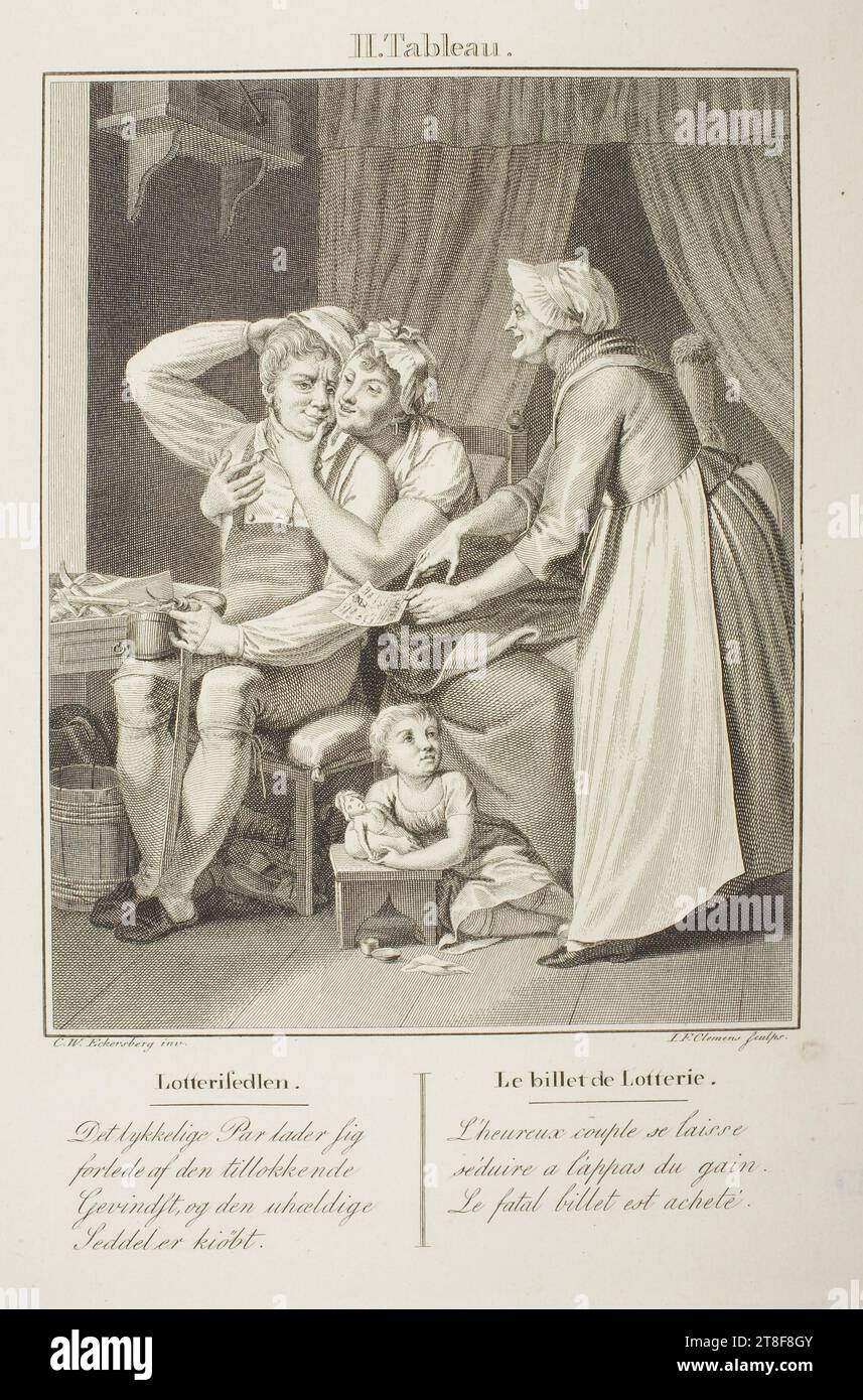 Biglietto per la lotteria, J.F. Clemens, 1748-1831, 1815 - 1816, grafica, incisione del rame, carta, colore, inchiostro per stampante, incisione in rame, stampante, altezza (formato carta) 325 mm, larghezza (formato carta) 257 mm, II Tableau., C.W. Eckersberg inv., I.F. Clemens Sculps, Lotterisedlen., Det lykkelige Par lader sig, forlæde af den tillokkende, Gevindst, og den uhældige, Sæddel er kiöbt., le billet de lotterie., l'heureux Couple se laisse, séduire a l'appas du gain., le billet est acheté, 1800, Grapfaté, European 1914 Foto Stock