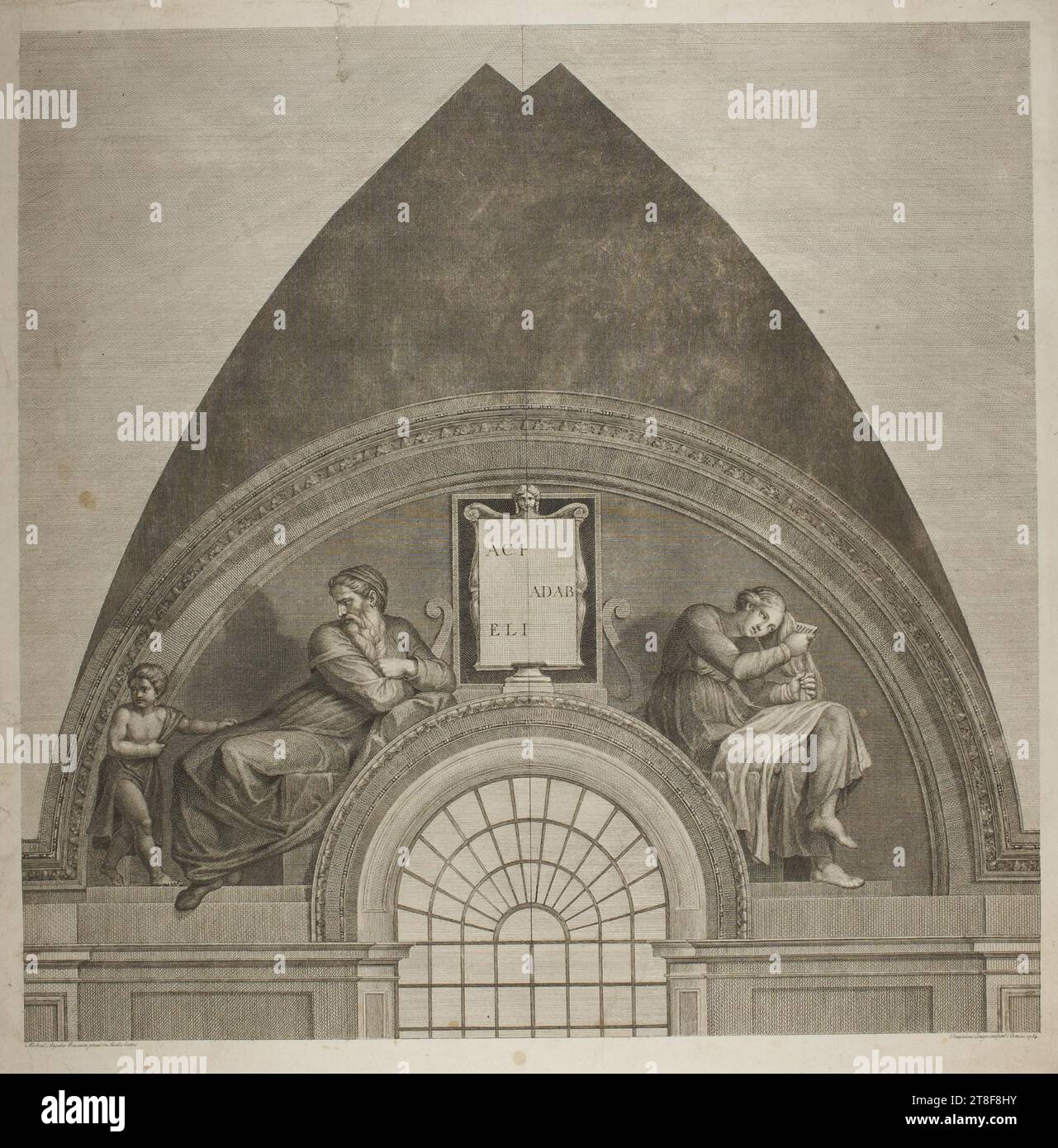 Akim e Aminadab, Domenico Cunego, 1784, Graphic Art, Copper Engraving, carta, colore, inchiostro per stampante, incisione in rame, stampante, altezza (dimensione vista) 578 mm, altezza (dimensione piastra) 605 mm, altezza (dimensione carta) 620 mm, larghezza (dimensione piastra) 605 mm, larghezza (dimensione carta) 625 mm, larghezza (dimensione vista) 578 mm, ACI-, ADAB, ELI, Michael Angelo Bonarota pinxit in Sacello Sixtino, Dominicus Cunego Sculpsit in Romae 1784, Graphic Design, European, Enlightenment (1690 - 1800 Foto Stock