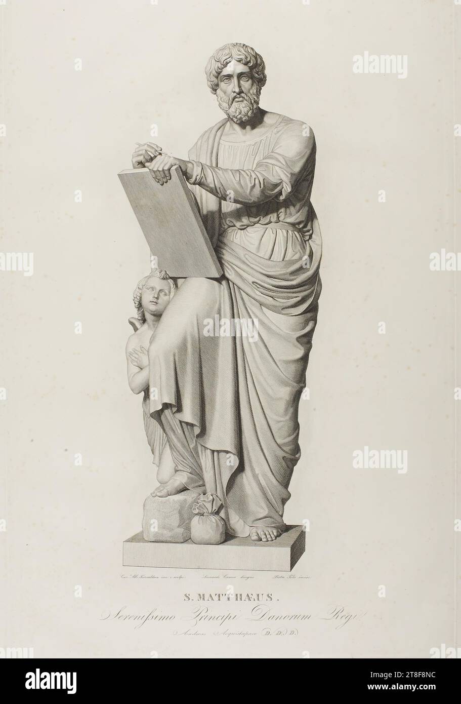 Matteo, Pietro Folo, 1825 - 1830, Arte grafica, incisione in rame, carta, colore, inchiostro per stampante, incisione in rame, stampante, altezza (dimensioni piastra?) 557 mm, larghezza (dimensioni piastra?) 373 mm, alb. CAV. Thorwaldsen inv e scolpi, Leonardo Camia designò, Pietro Folo incise, S. MATTHÆUS, Seranissimo principi Danorum Regi, Antonio Acquistapace D.D., Graphic Design, European, Modernity (1800 - 1914 Foto Stock