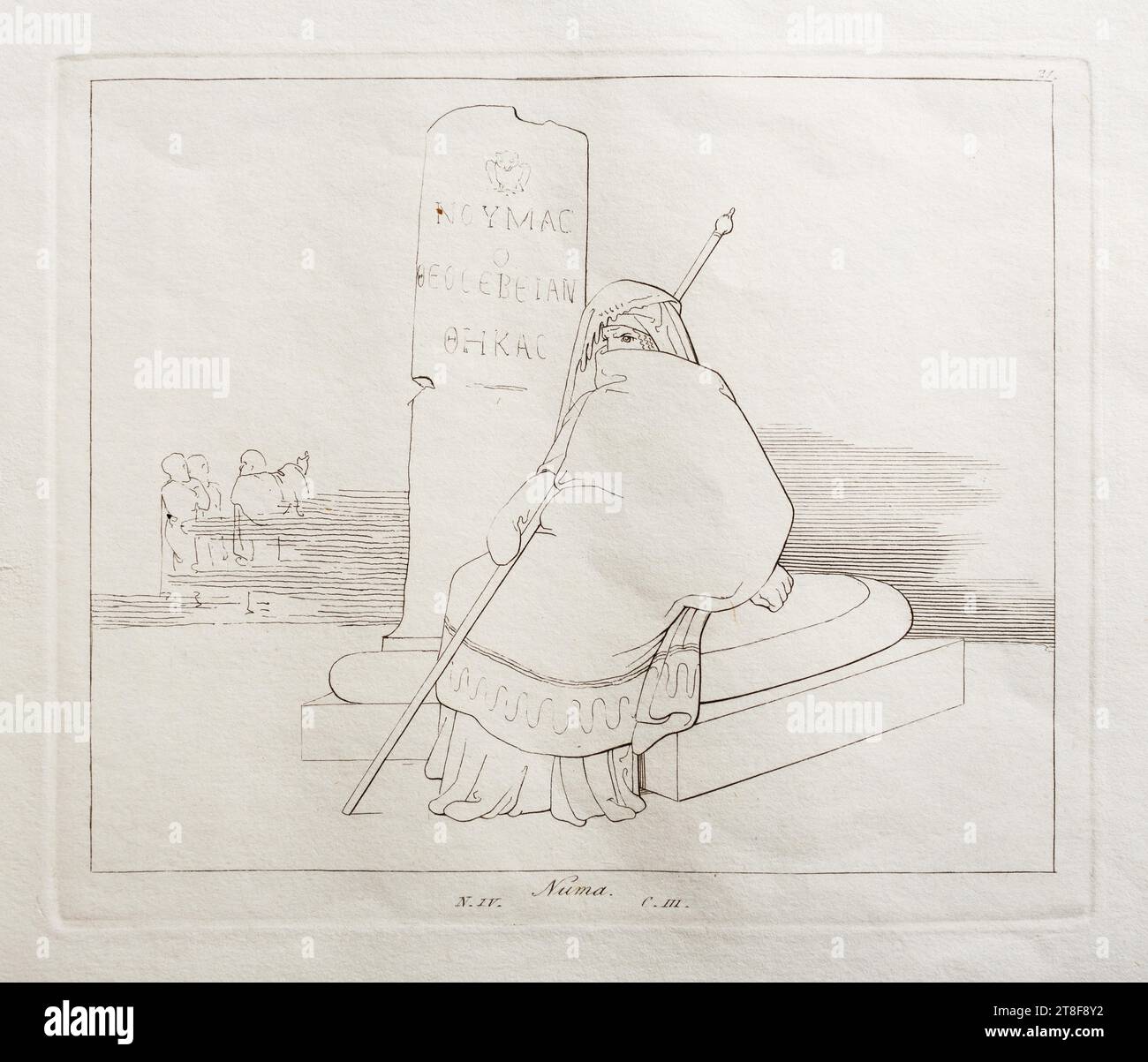 NUMA, Vincenzo Gaiassi, 1801-1861, 1832, Arte grafica, incisione, carta, colore, inchiostro della stampante, incisione, stampante, altezza (dimensioni piastra) 140 mm, altezza (formato carta) 295 mm, larghezza (formato piastra) 170 mm, larghezza (formato carta) 435 mm, 21., Numa., N.IV CIII., progettazione grafica, europea, modernità (1800 - 1914 Foto Stock