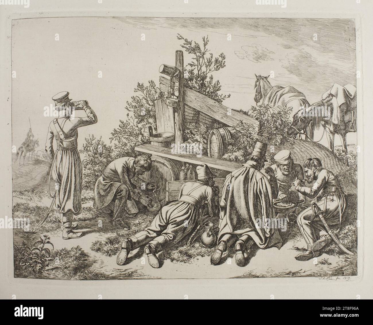 Cossacks Eat a Meal in the Field, Johann Adam Klein, 1792-1875, 1819, Graphic Art, incisione, carta, colore, inchiostro della stampante, incisione, stampante, altezza (formato carta) 220 mm, larghezza (formato carta) 285 mm, J.A. Klein fec. 1819, Graphic Design, European, Modernity (1800 - 1914 Foto Stock