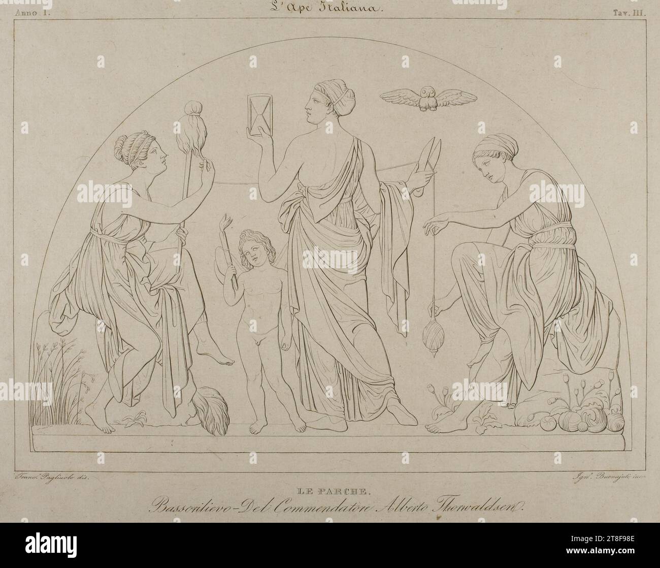 I Fates, IGN. Buonajuli, non prima del 1833, grafica, incisione in rame, carta, colore, inchiostro stampante, incisione rame, Printet, altezza (dimensione piastra) 300 mm, altezza (formato carta) 315 mm, larghezza (formato piastra) 400 mm, larghezza (formato carta) 415 mm, anno i, l'Ape Italiana, Tav. III, Franc Pagliuolo dis., IGN. Buonajuli inc, LE PARCHE, Bassorilievo - del Commendatore Alberto Thorvaldsen, Graphic Design, European, Modernity (1800 - 1914 Foto Stock