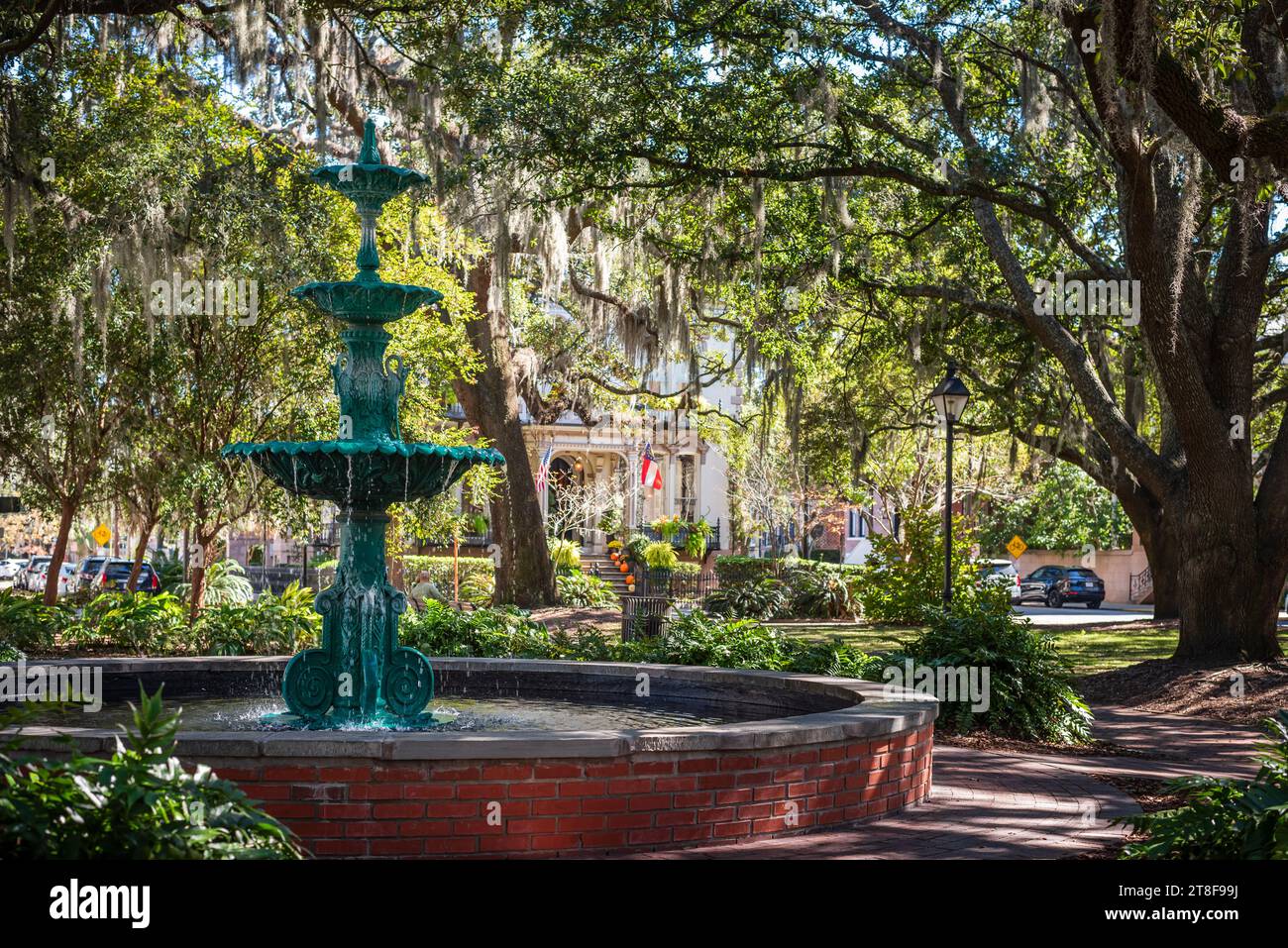 Fontana a Lafayette Square a Savannah, Georgia, Stati Uniti. Foto Stock