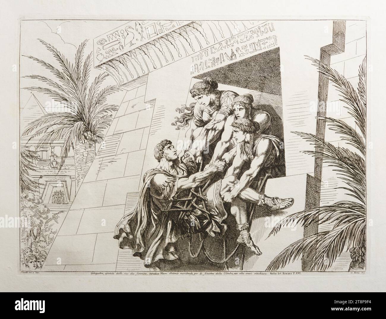 Cleopatra, aiutata dalle sue due femmine, inaugura la morte di Marc' Antonio attraverso la finestra della tomba, Bartolomeo Pinelli, 1781-1835, 1819, Graphic Art, acquatinta, carta, colore, inchiostro stampante, Aquatint, Printet, Pinelli inv. E inc., in Roma 1819, Cleopatra, ajutata dalle sue due femmine, introduce Marc'Antonio moribondo per la fenestra della Tomba, ove ella erasi rinchiusa., Rollin IST. Romana T. XVI, Graphic Design, European, Italy, Lazio, Roma Foto Stock