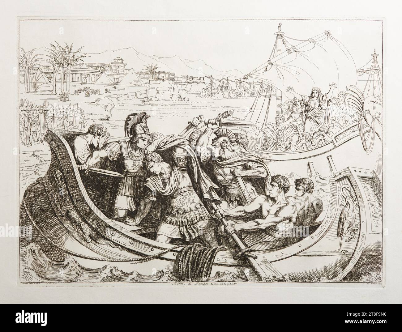 Morte di Pompeo, Bartolomeo Pinelli, 1781-1835, 1819, Arte grafica, acquatinta, carta, colore, inchiostro stampante, Aquatint, Printet, Pinelli inv. E inc., Roma 1819, morte, di Pompeo., Rollin IST.Rom. T.XIV., progettazione grafica, Europa, Italia, Lazio, Roma Foto Stock