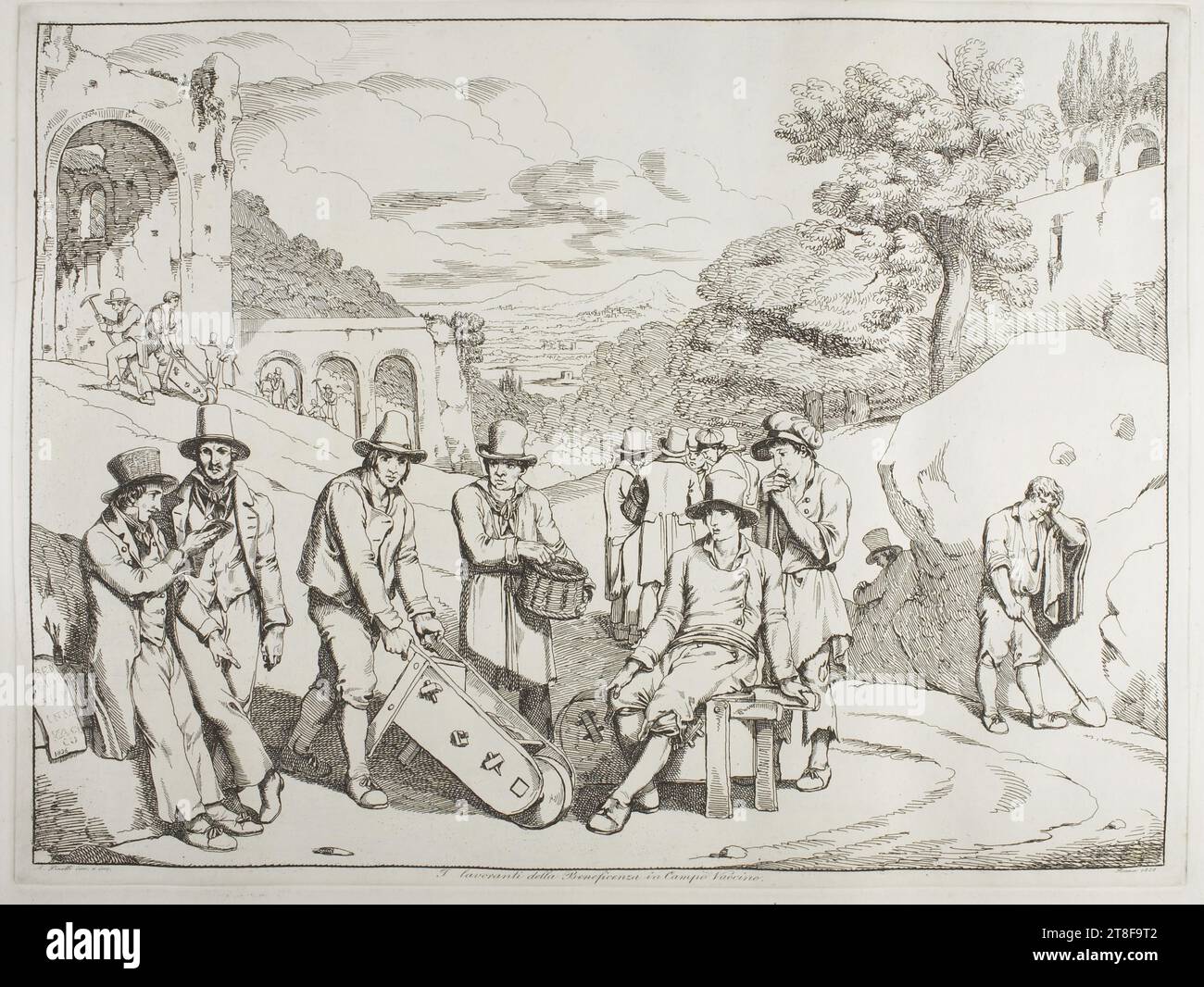 Operai di beneficenza a Campio Vaccino, Achille Pinelli, 1809-1841, 1816, Arte grafica, incisione, carta, colore, inchiostro della stampante, incisione, stampante, altezza (formato carta) 445 mm, larghezza (formato carta) 560 mm, A. Pinelli inv. E inc., i lavoranti delle Beneficenza in Campio Vaócino, Roma 1816, Graphic Design, European, Modernity (1800 - 1914 Foto Stock