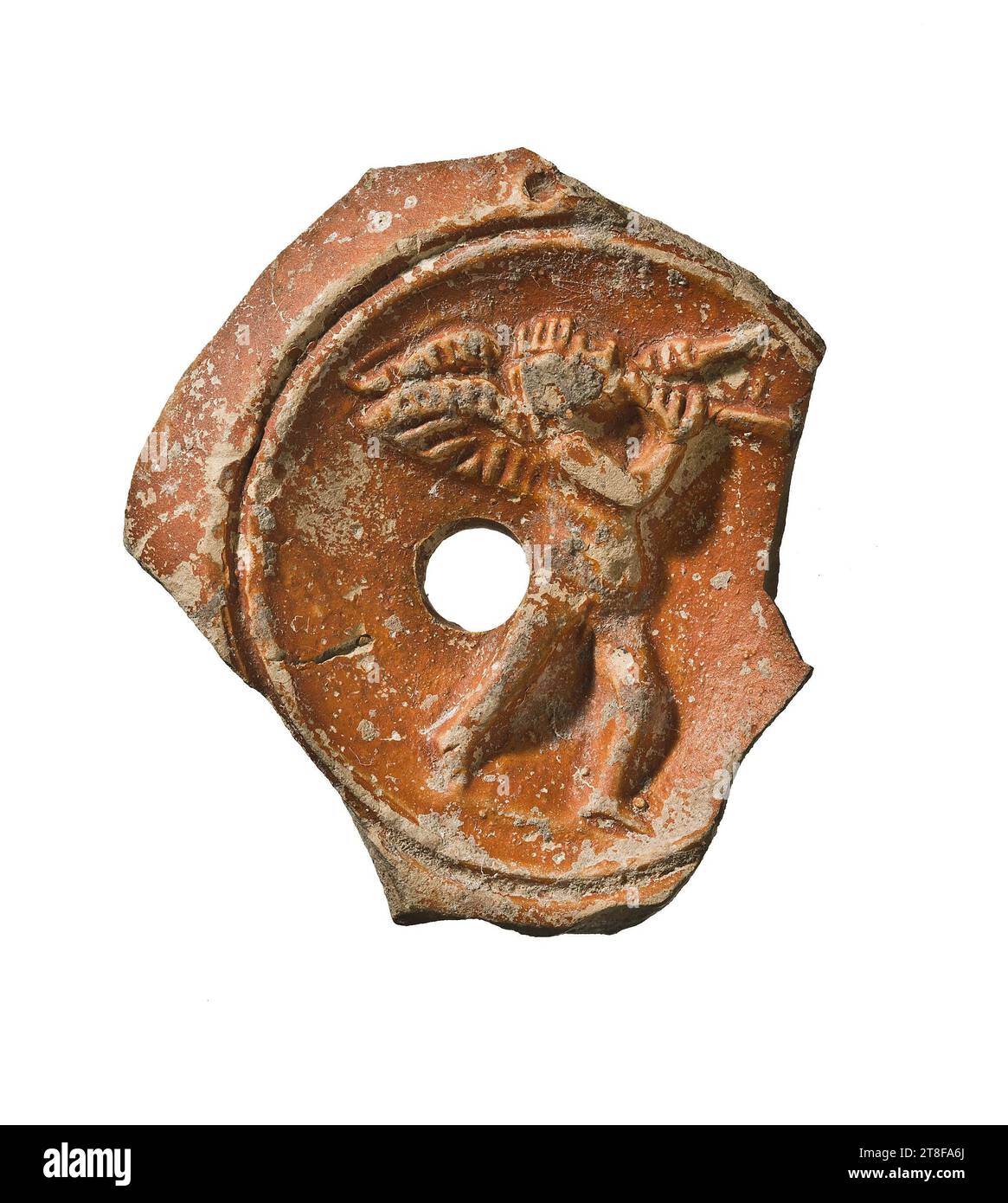 Lampada con Cupido che suona a doppio flauto, 90 - 140, mobili, lampada, accesa, modellato, altezza 5,9 cm, larghezza 5,2 cm, ceramica, ceramica, periodo romano, imperiale (27 a.C. - 476 Foto Stock