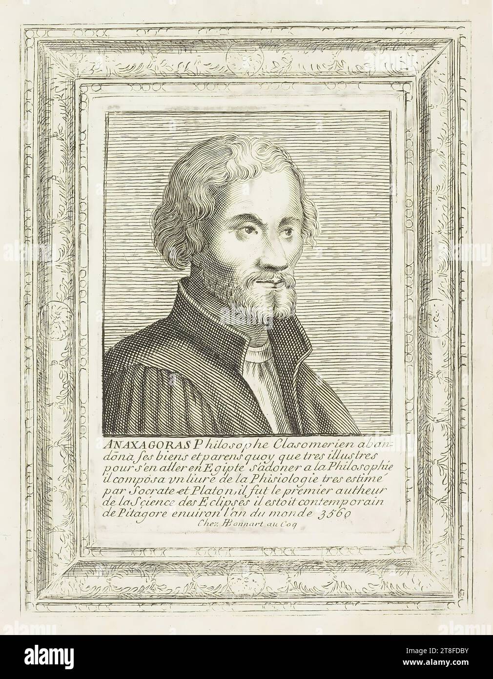 ANAXAGORA abbandonò il filosofo cllasomeriano, diede le sue proprietà e i suoi parenti, anche se molto illustre, per stabilirsi in Egitto per dedicarsi alla filosofia, compose un libro di Fisiologia molto stimato, di Socrate e Platone fu il primo autore, della Scienza delle eclissi che era contemporaneo, di Pitagore intorno all'anno del mondo 3560. A HBonnart au Coq Foto Stock