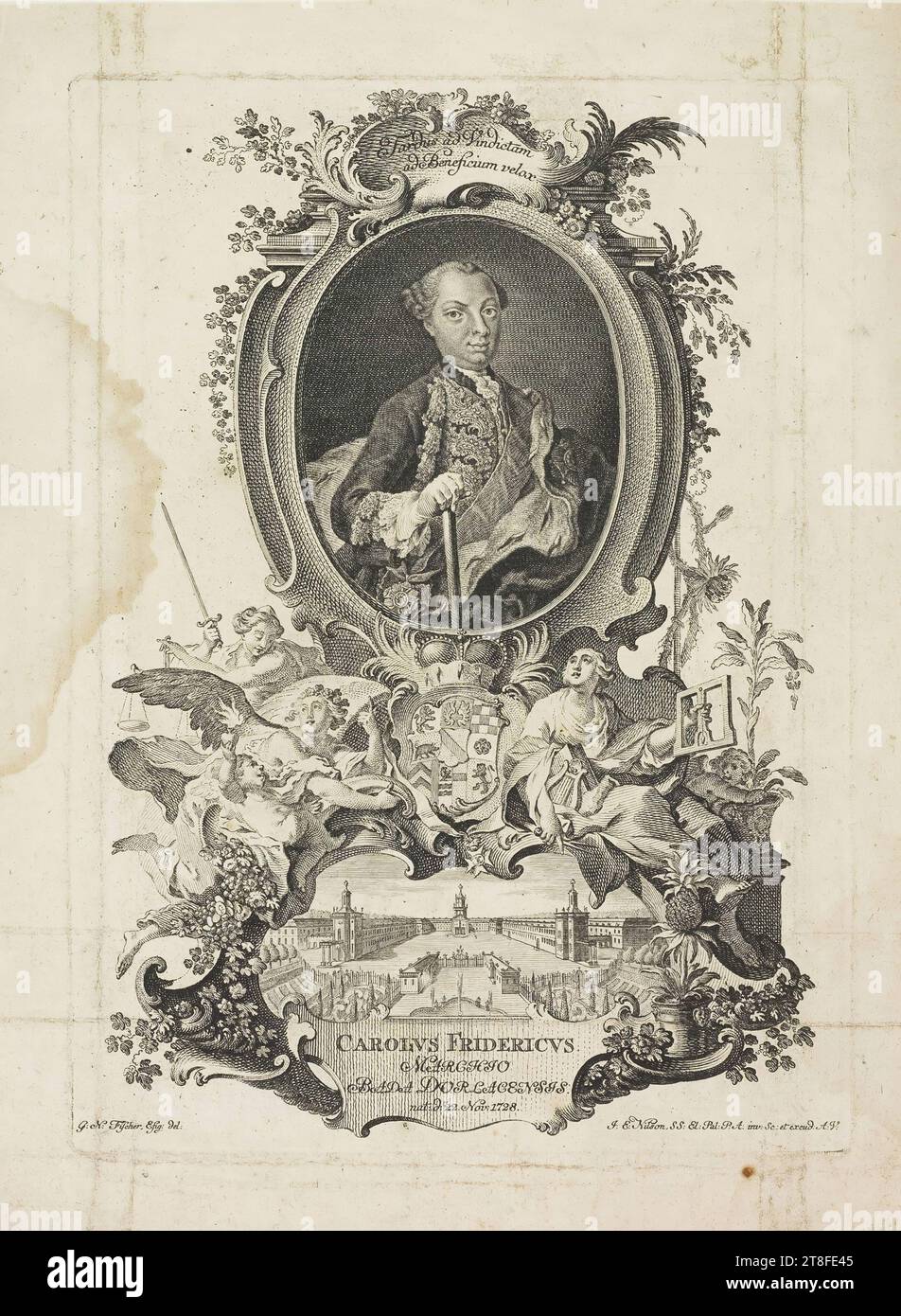 In fondo al ritratto un cartiglio decorato con figure allegoriche. Lento alla vendetta al Benesicium. CAROLVS FRIDERICVS, Marchese, bada Durlacensis., nat:d:22 Nov 1728. G:N: Fischer. Config.: Del:. J:e:Nilson. SS: El: PAL: P.A: inv: SC: Et excud: A:V Foto Stock