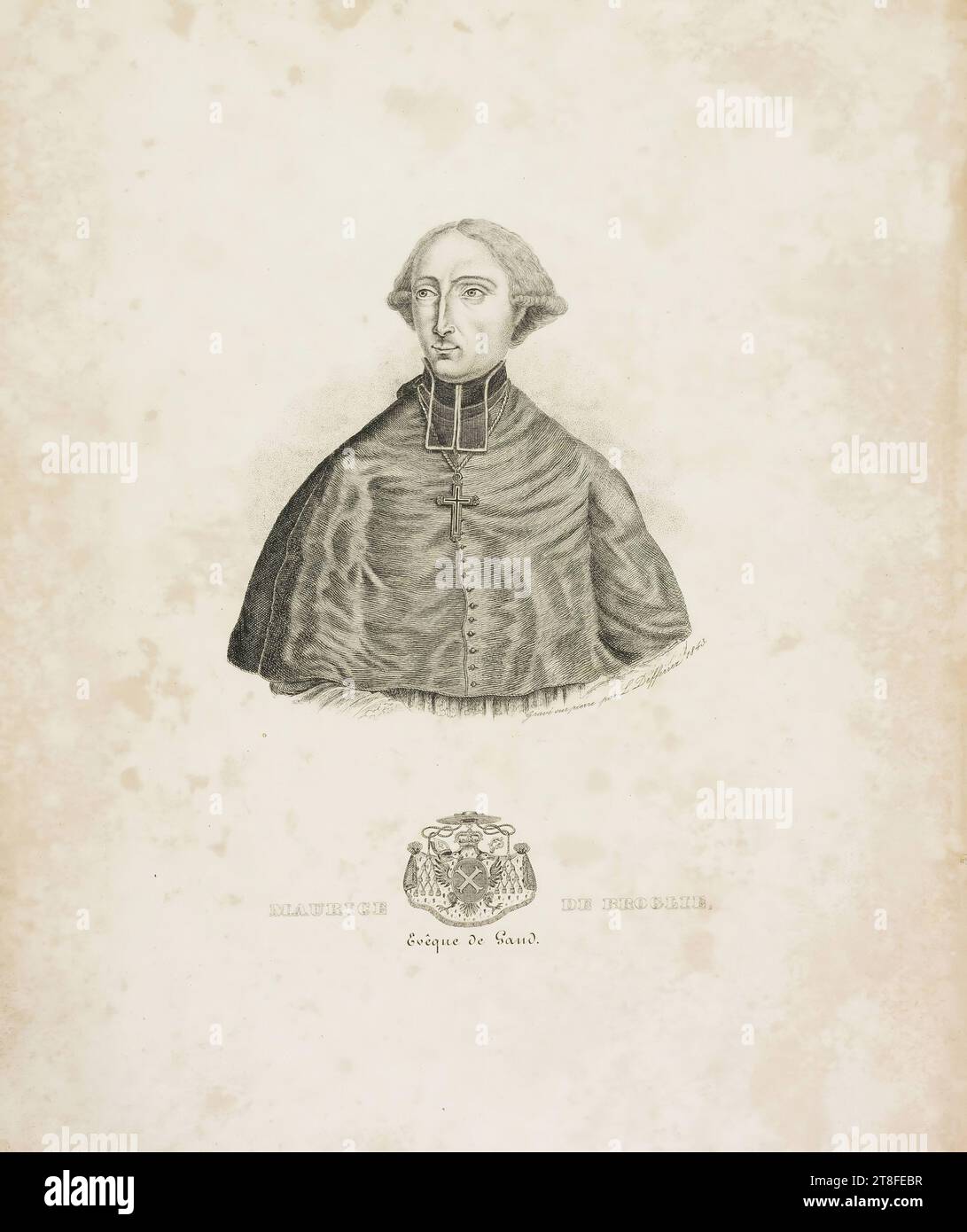 Ritratto dell'uomo con stemma inferiore che indica la gerarchia ecclesiastica. Inciso su pietra da L. Defferrez 1843. MAURICE DE BROGLIE, vescovo di Gand Foto Stock