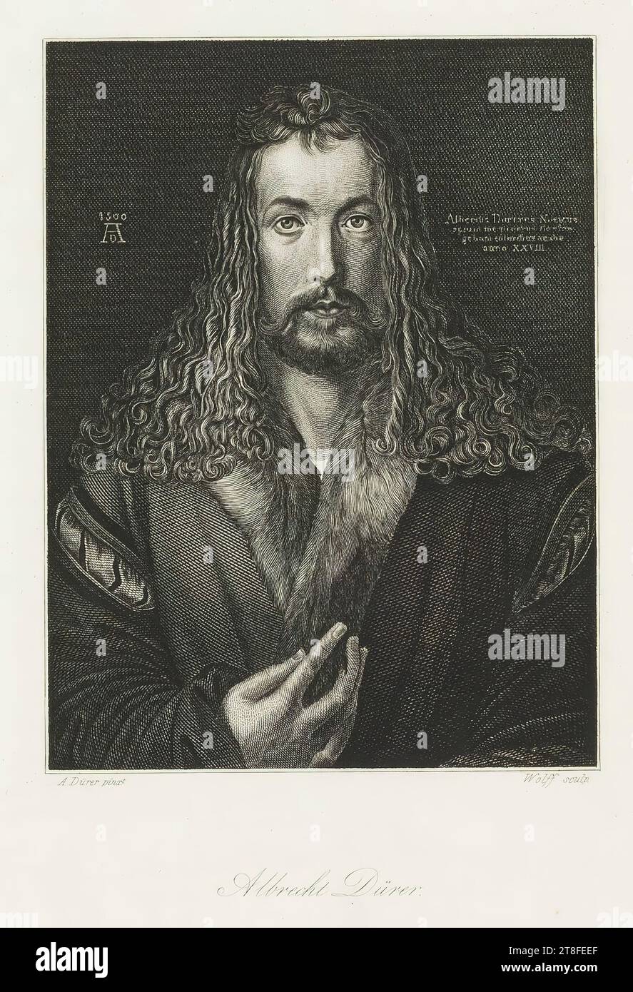 1500 d.C. Albertus Durerus Noricus, ho ritratto me stesso nei colori della mia età, nell'anno 28. A. Dürer pinxt. Scultura Wolff. Albrecht Dürer. Pubblicato per i proprietari da A.H. Payne, Dresden & Leipzig Foto Stock