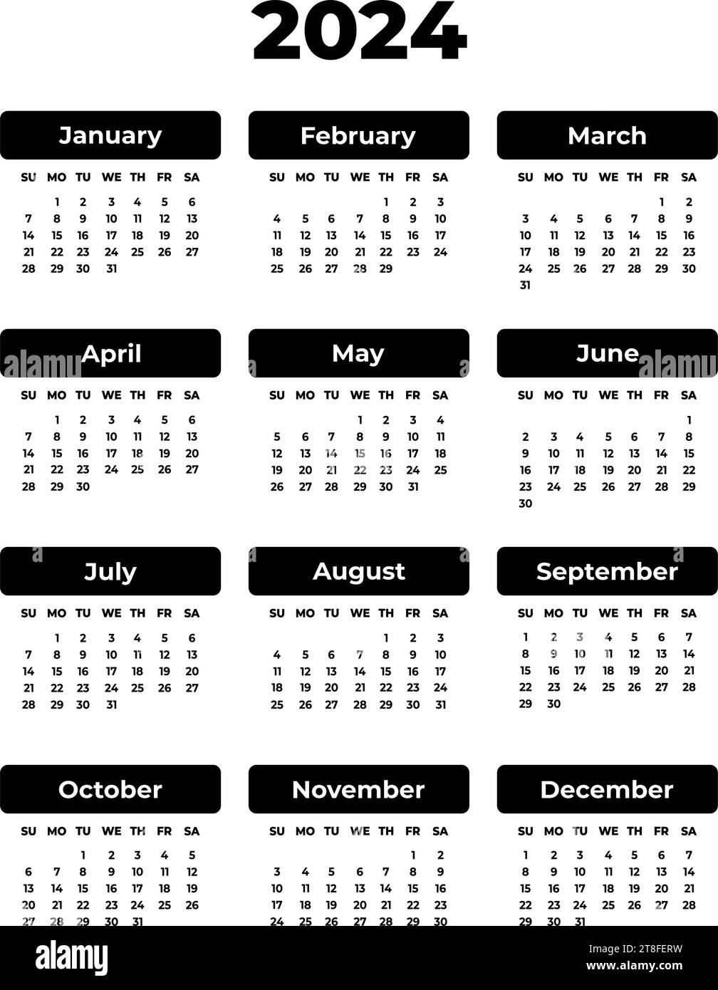 Calendario verticale rettangolare nero per 2024 anni. Sfondo bianco. Immagine vettoriale isolata. Illustrazione modello in grassetto per design, planner Illustrazione Vettoriale