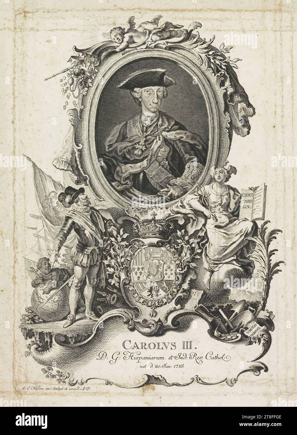 CODICE CAROLINA CHARLES III D: G: Hispaniarum et Ind: Rex Cathol: nat: d: 20. Gen: 1716. J: E: Nilson, inv: Sculps: Et excud: A: V Foto Stock