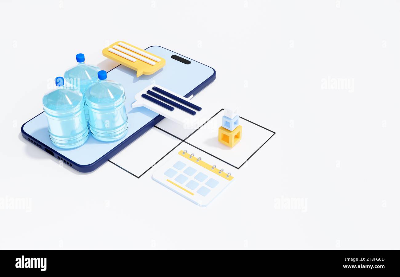 Servizio di erogazione di acqua in bottiglia, concetto di app mobile, rendering 3d. Foto Stock