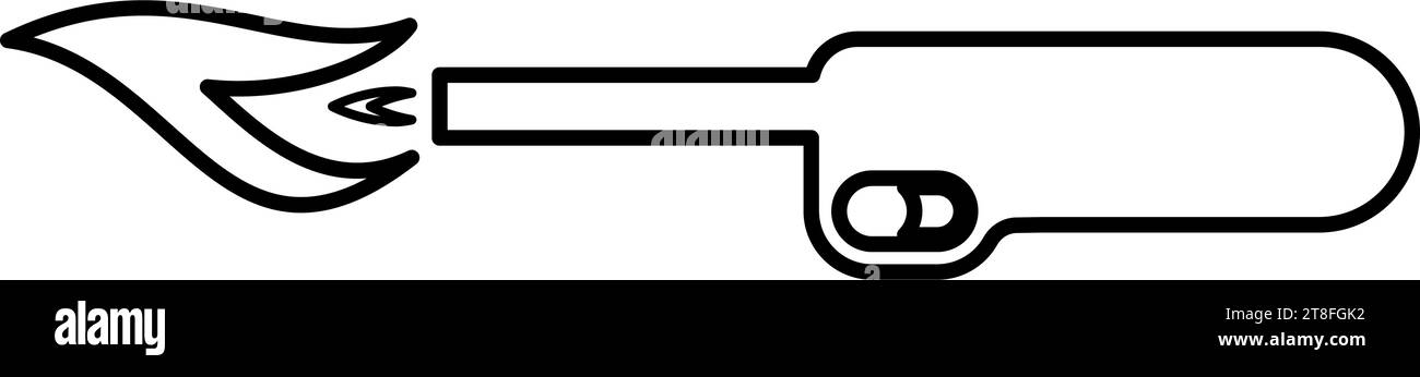 Torcia elettrica da cucina con accendisigari e attrezzature industriali a fiamma profilo icona colore nero illustrazione vettoriale immagine sottile stile piatto semplice Illustrazione Vettoriale