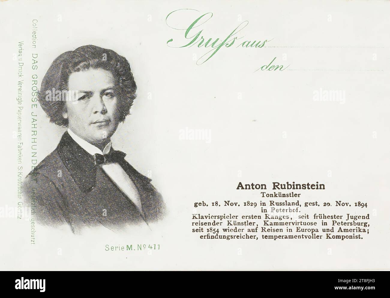 cartolina. Grufs fuori, il. Collezione IL GRANDE SECOLO protetto dalla legge, editore e tipografo: United Paper Factory S. Krotoschin Görlitz. Anton Rubinstein, Tonkunstler, nato il 18 novembre 1829 in Russia, è morto. 20 novembre 1894, a Petershof., pianista di primo grado, sin dai primi anni della giovinezza. Artista itinerante, virtuoso da camera a St. Pietroburgo, dal 1854 viaggiando di nuovo in Europa e in America; compositore inventivo e vivace. Serie M.N° 411 Foto Stock