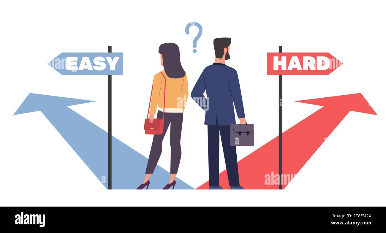 Uomini e donne d'affari scelgono tra il modo difficile e quello facile. Incrocio con percorso diverso. Persone che prendono decisioni per risolvere il problema. Successo di carriera Illustrazione Vettoriale