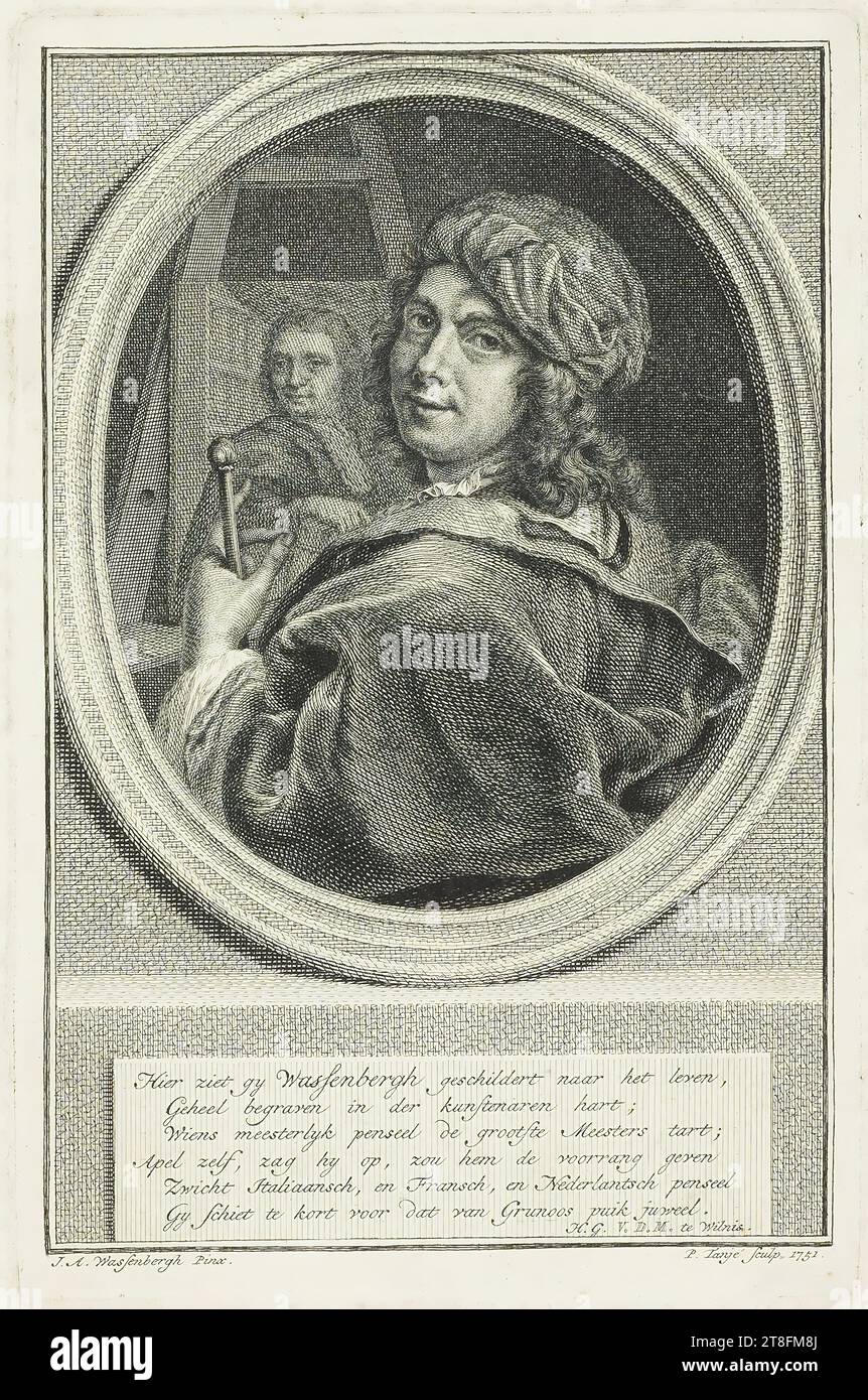 Qui vede gy Wassenbergh dipinto in vita, interamente sepolto nel cuore di der kunstmaren; il cui pennello magistrale sfida i più grandi Maestri; Apel stesso, visto hy On, gli darebbe la preminenza, si arrende italiano, e francese, e pennello Nederlantsch, Gy è inferiore a quella di Grunoos Puckish Jewel., h.g. V.D.M. a Wilnix. J.A. Wassenbergh Pinx. P. Tanjé sculp, 1751 Foto Stock
