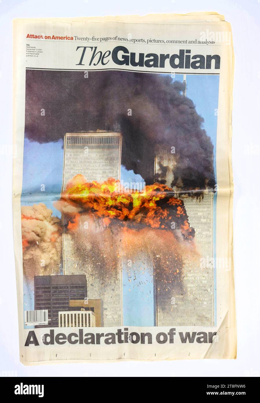The Guardian Newspaper, Una dichiarazione di guerra prima pagina mercoledì 12 settembre 2001 Foto Stock