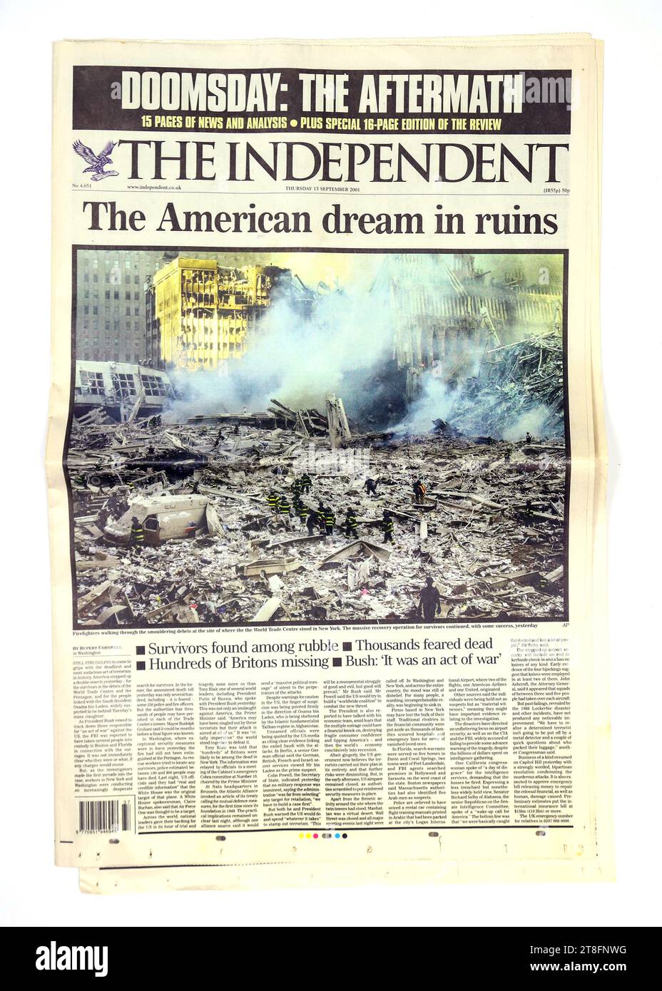 The Independent Newspaper, 13 settembre 2001 Foto Stock